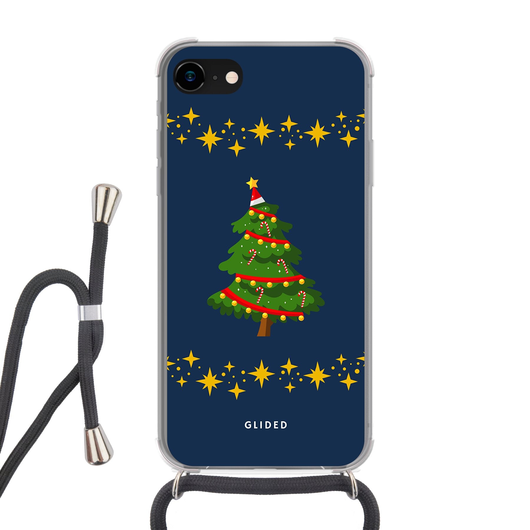 Weihnachtsbaum iPhone 7 Handyhülle mit glitzerndem Schnee und festlichem Design.