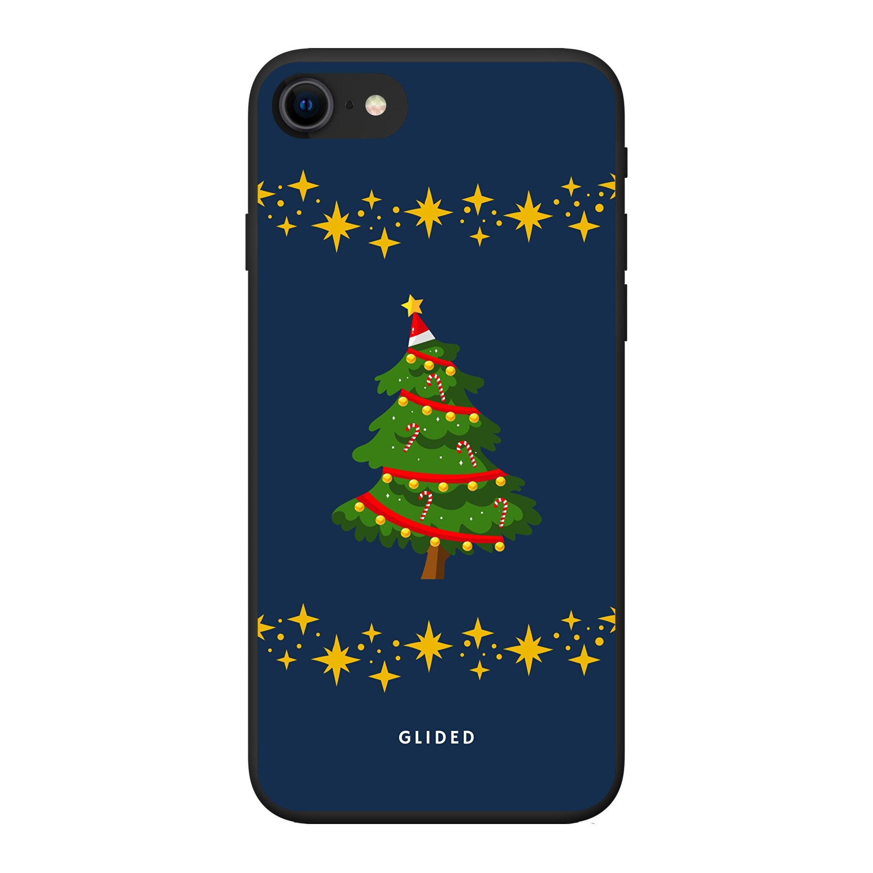 Weihnachtsbaum iPhone 7 Handyhülle mit glitzerndem Schnee und festlichem Design.