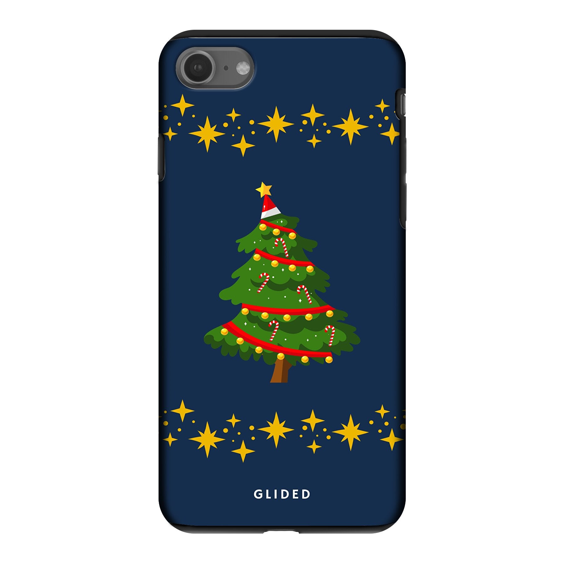 Festliche Weihnachtsbaum iPhone 8 Handyhülle mit glitzerndem Schnee und rutschfesten Elementen für sicheren Halt.