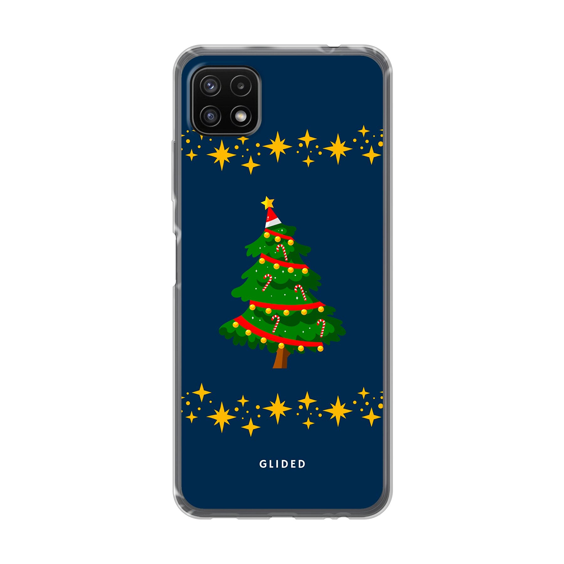 Weihnachtsbaum Samsung Galaxy A22 5G Handyhülle mit glitzerndem Schnee und festlichem Design, ideal für die Winterzeit.