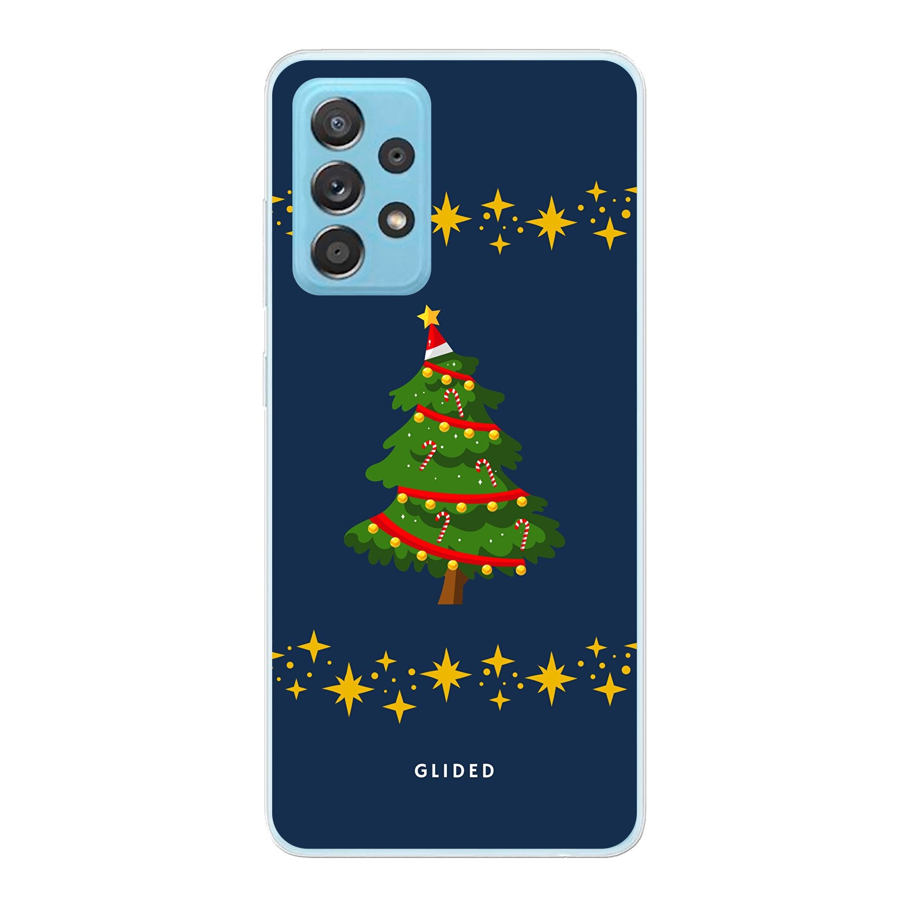 Weihnachtsbaum Samsung Galaxy A73 5G Handyhülle mit glitzerndem Schnee und festlichem Design.
