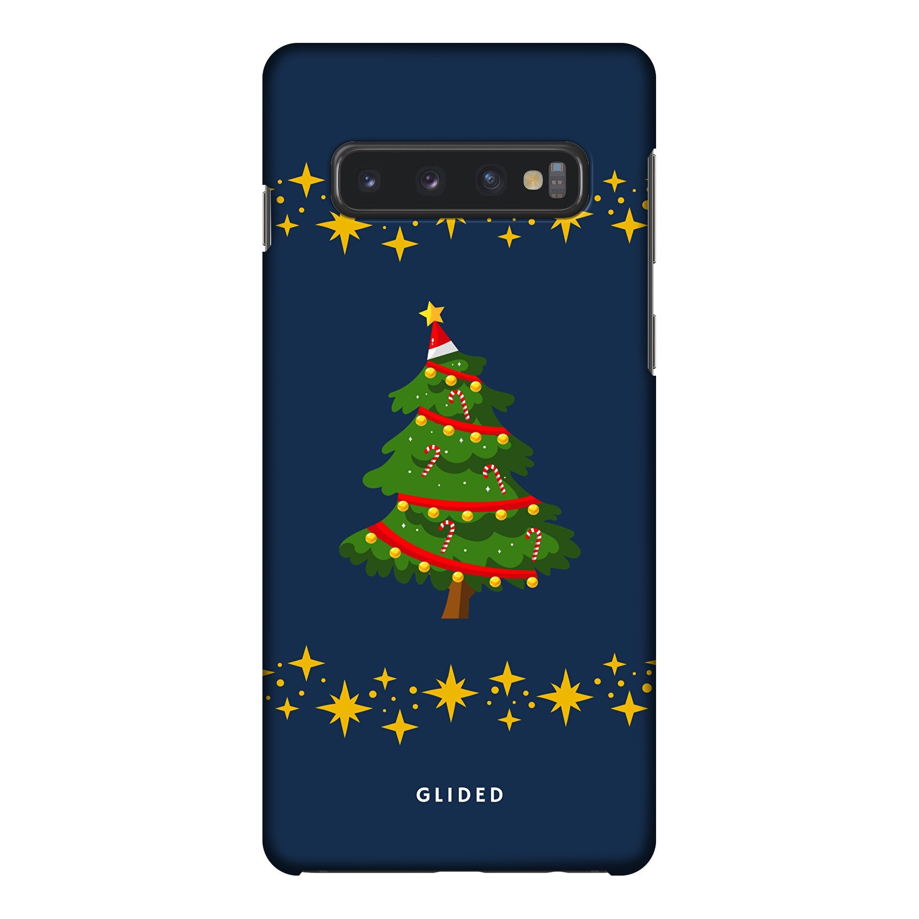 Festliche Weihnachtsbaum Samsung Galaxy S10 Handyhülle mit glitzerndem Schnee und rutschfesten Elementen für sicheren Halt.