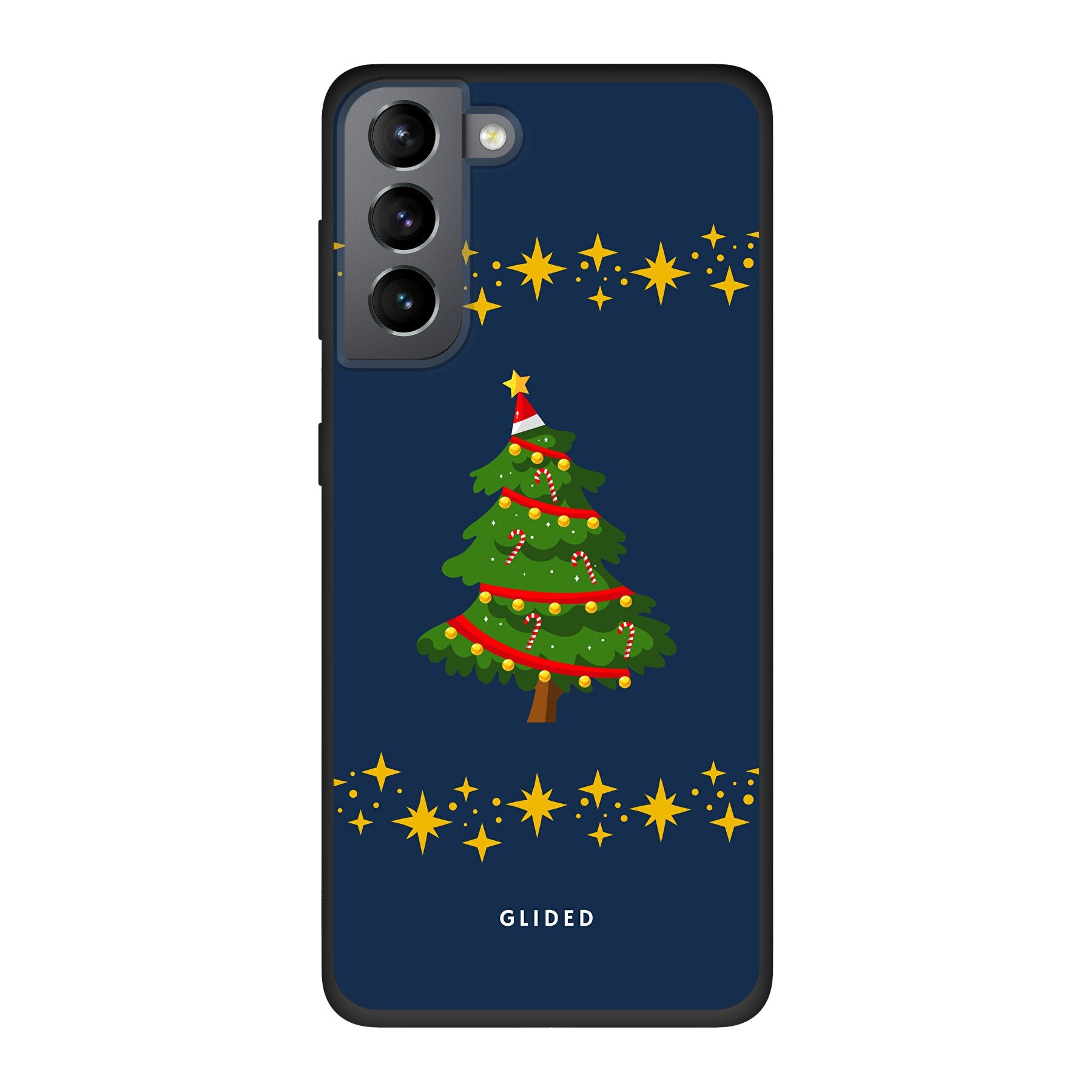 Festliche Weihnachtsbaum Samsung Galaxy S10 Handyhülle mit glitzerndem Schnee und rutschfesten Elementen für sicheren Halt.