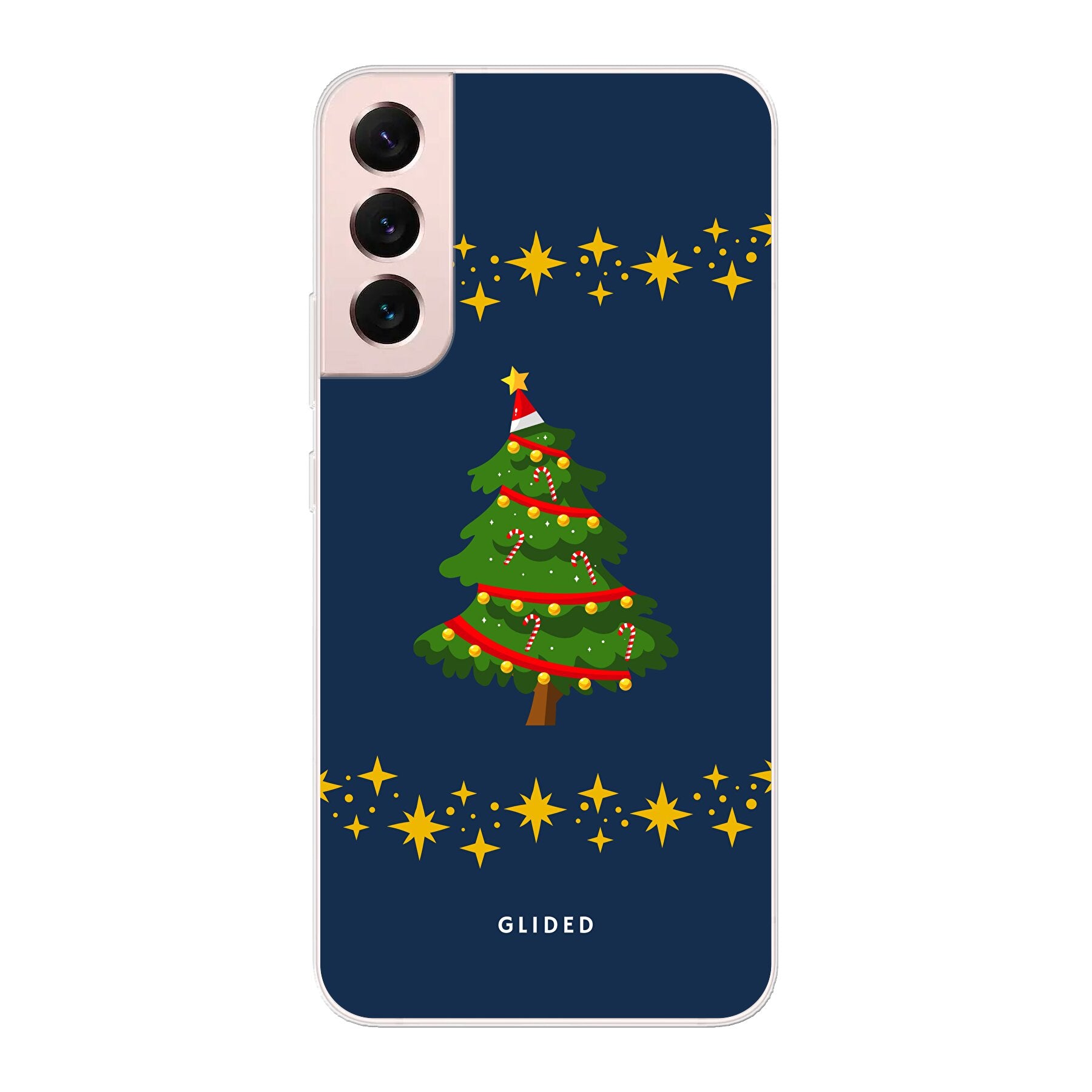 Weihnachtsbaum Samsung Galaxy S22 Plus Handyhülle mit glitzerndem Schnee und festlichem Design, ideal für die Winterzeit.