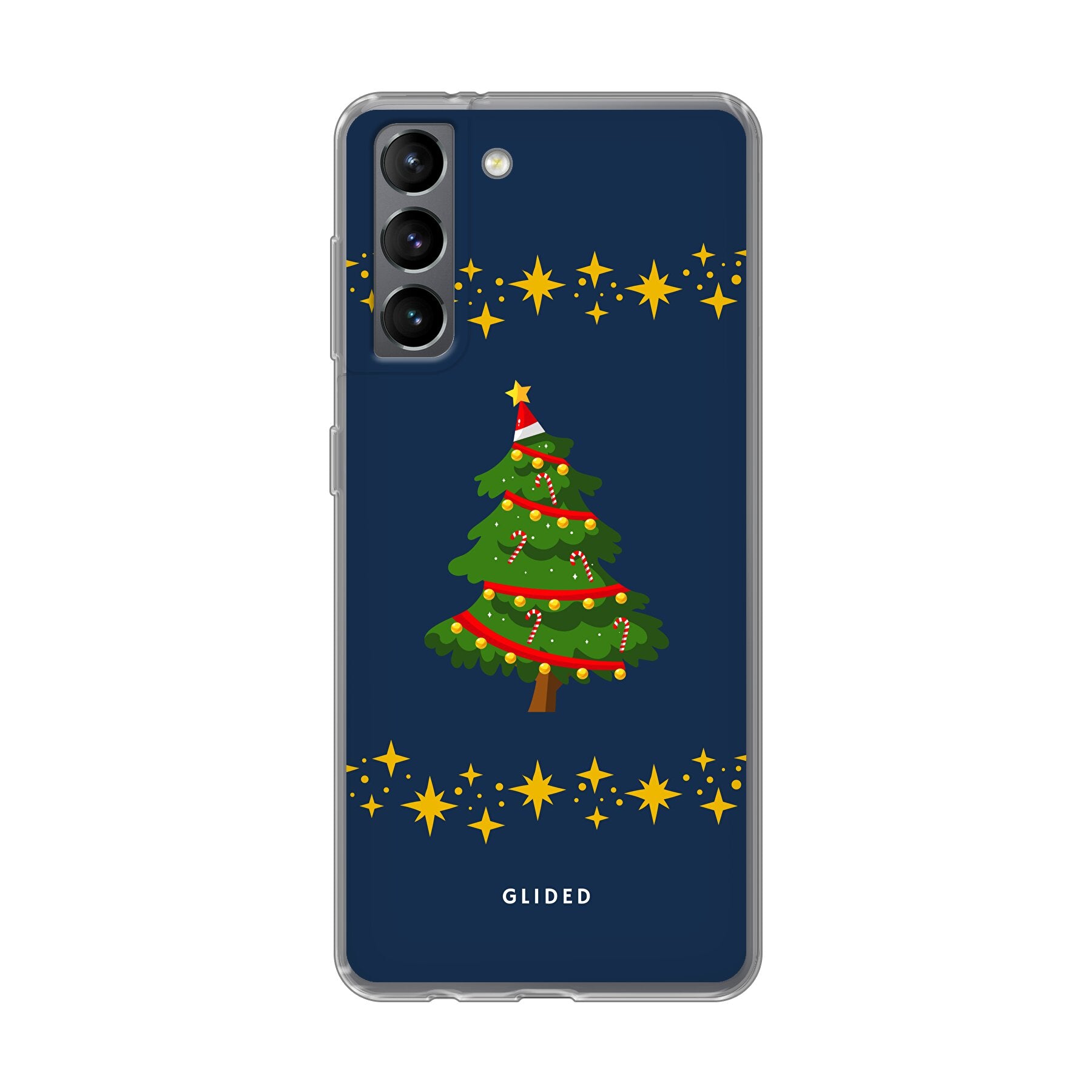 Weihnachtsbaum Samsung Galaxy S21 5G Handyhülle mit glitzerndem Schnee und festlichem Design.