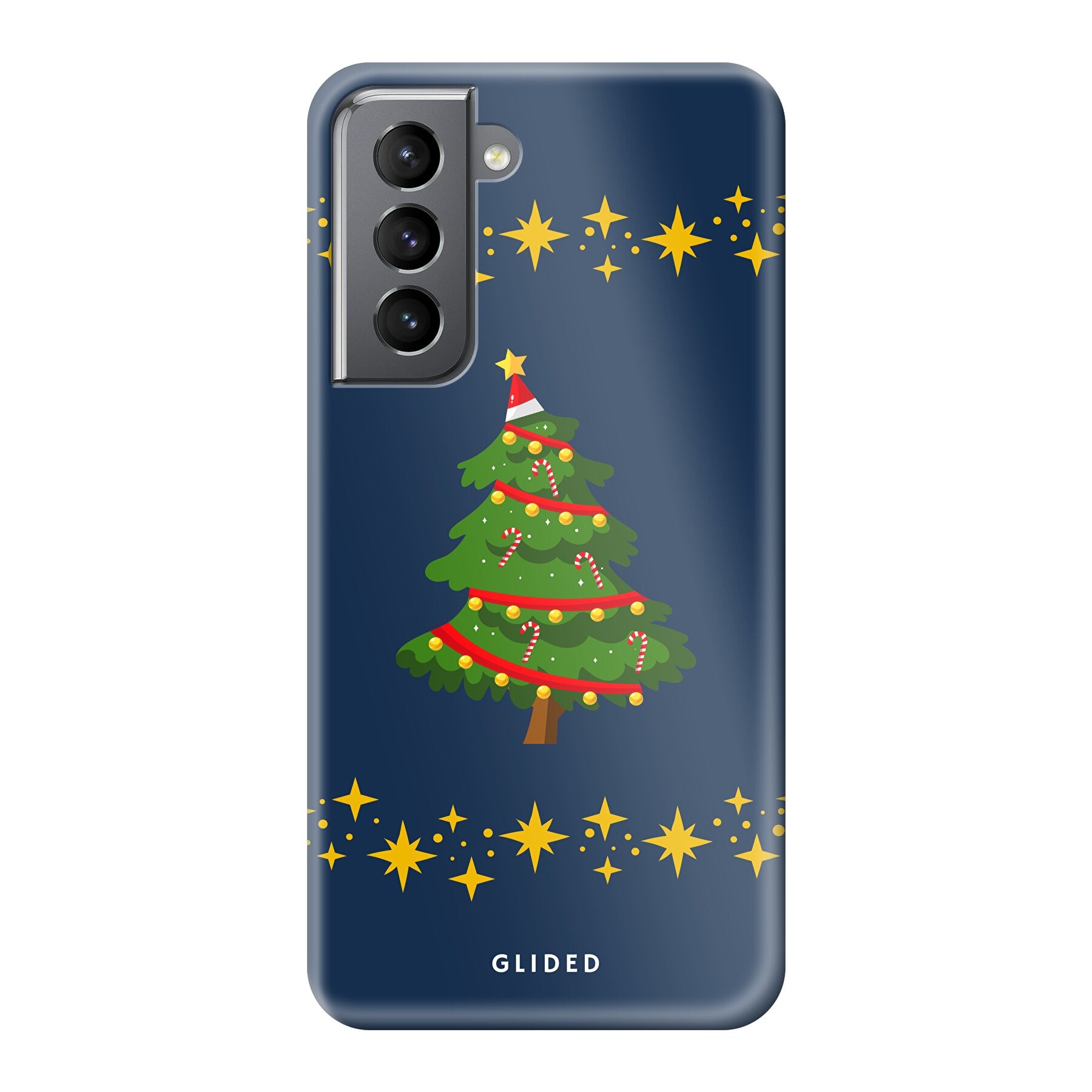 Weihnachtsbaum Samsung Galaxy S21 5G Handyhülle mit glitzerndem Schnee und festlichem Design.