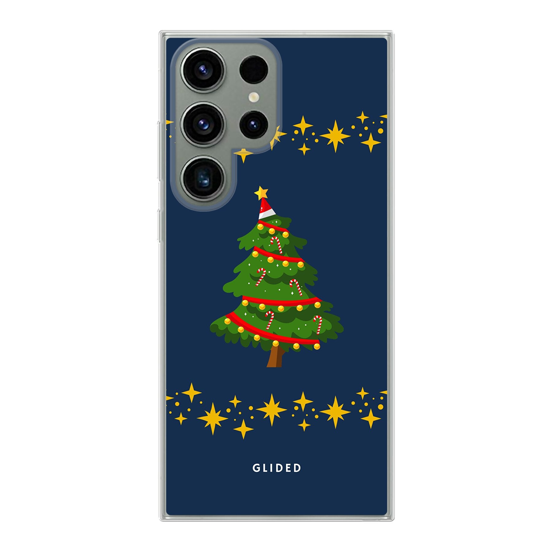 Weihnachtsbaum Samsung Galaxy S23 Ultra Handyhülle mit glitzerndem Schnee und festlichem Design, ideal für die Winterzeit.