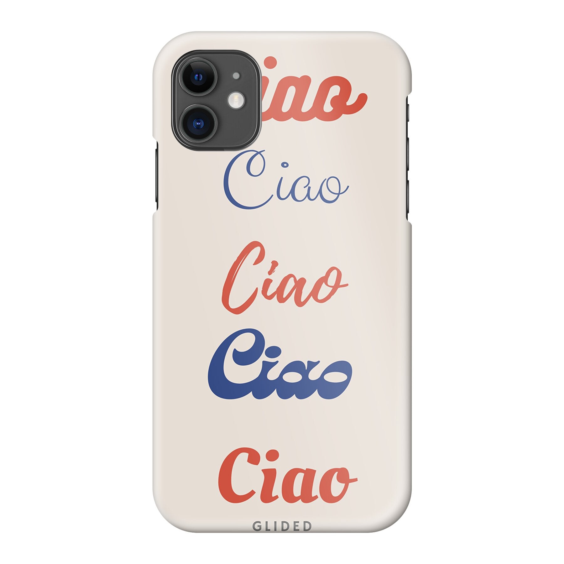 Ciao iPhone 11 Handyhülle mit buntem Design und dem Wort Ciao in verschiedenen Schriftarten.