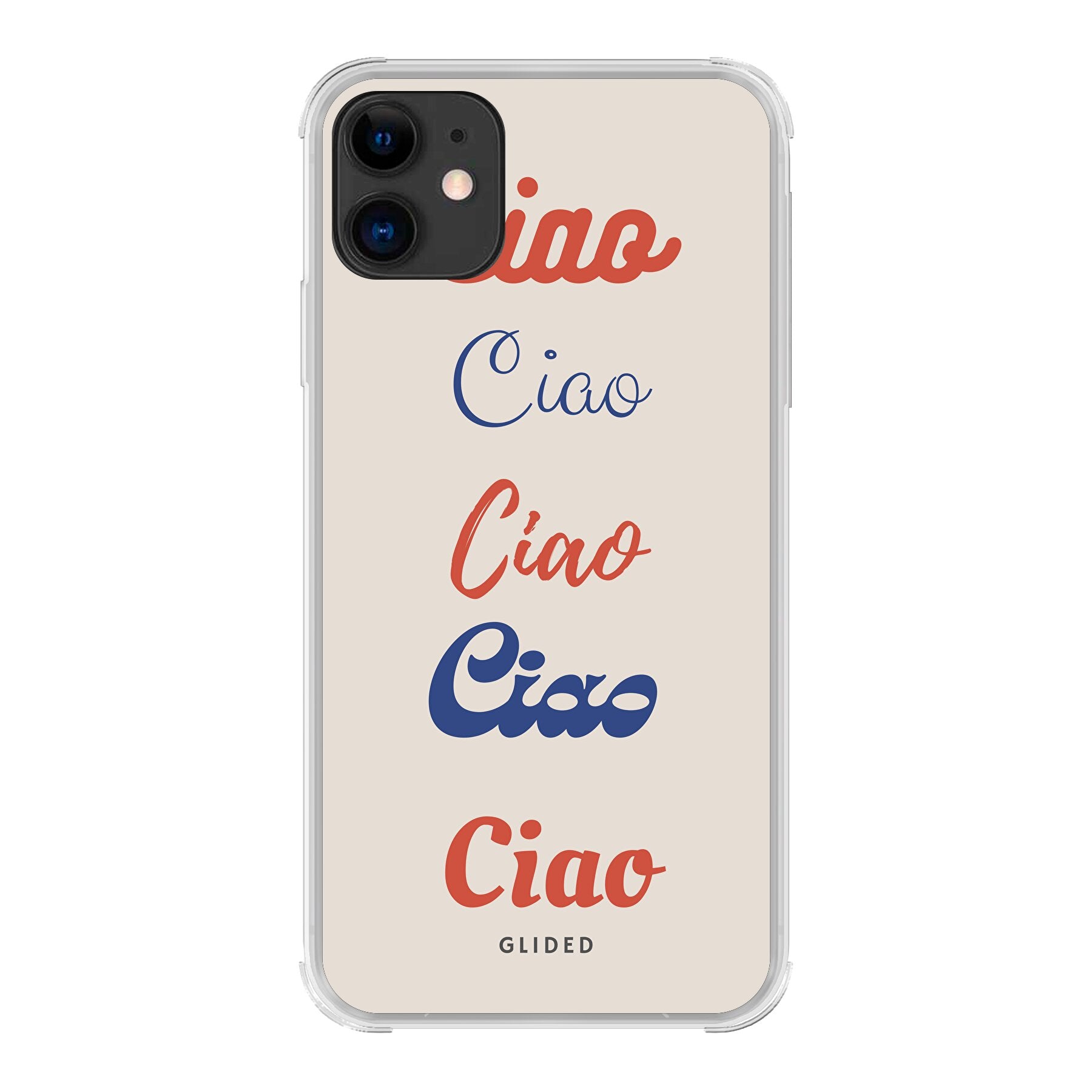 Ciao iPhone 11 Handyhülle mit buntem Design und dem Wort Ciao in verschiedenen Schriftarten.