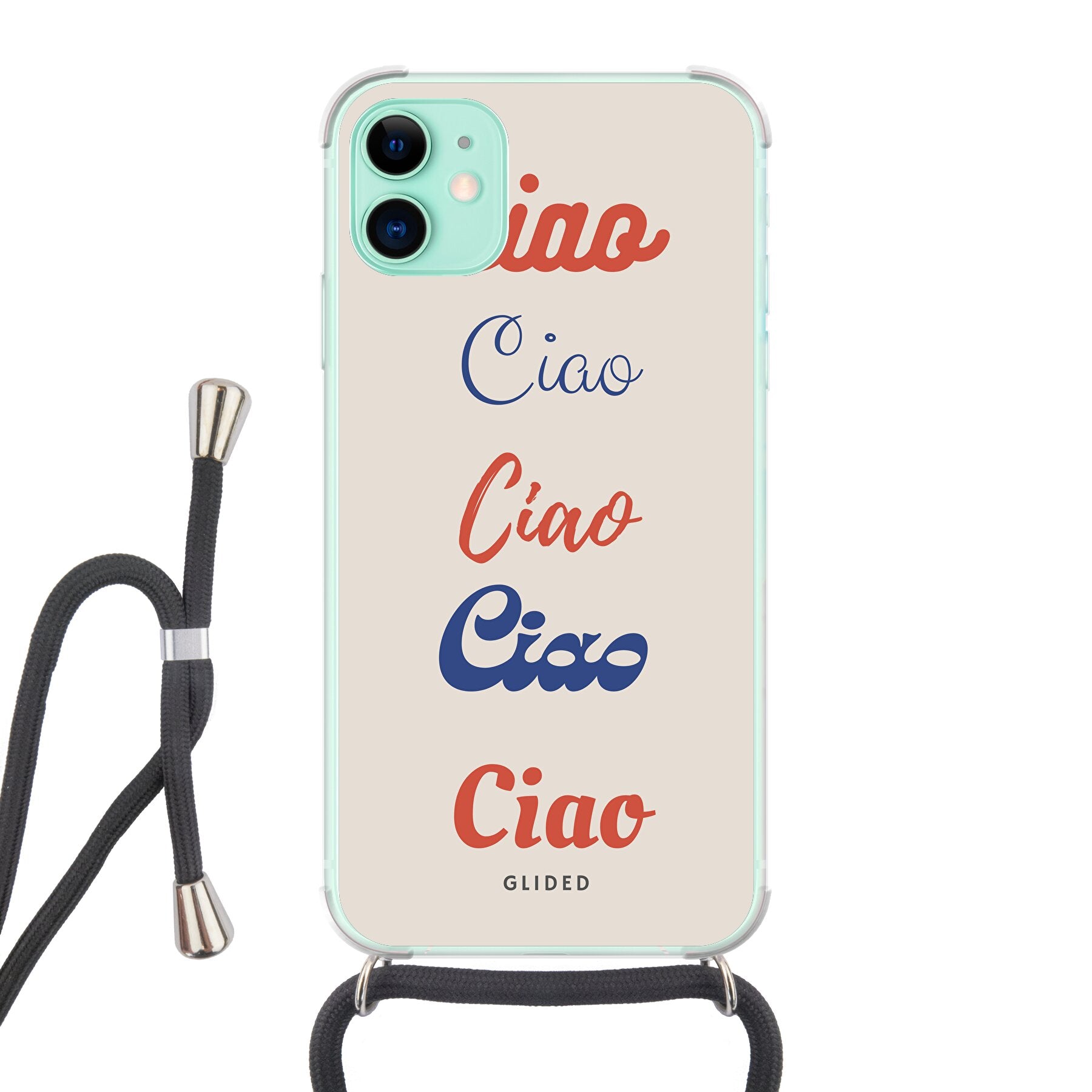 Ciao iPhone 11 Handyhülle mit buntem Design und dem Wort Ciao in verschiedenen Schriftarten.