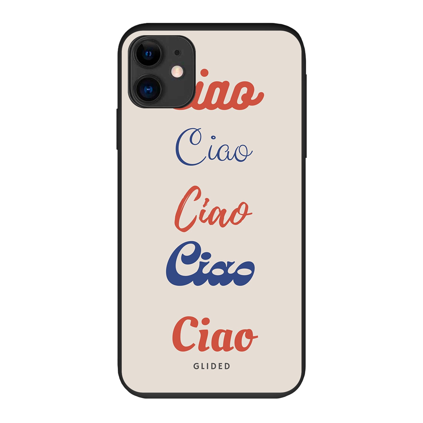 Ciao iPhone 11 Handyhülle mit buntem Design und dem Wort Ciao in verschiedenen Schriftarten.
