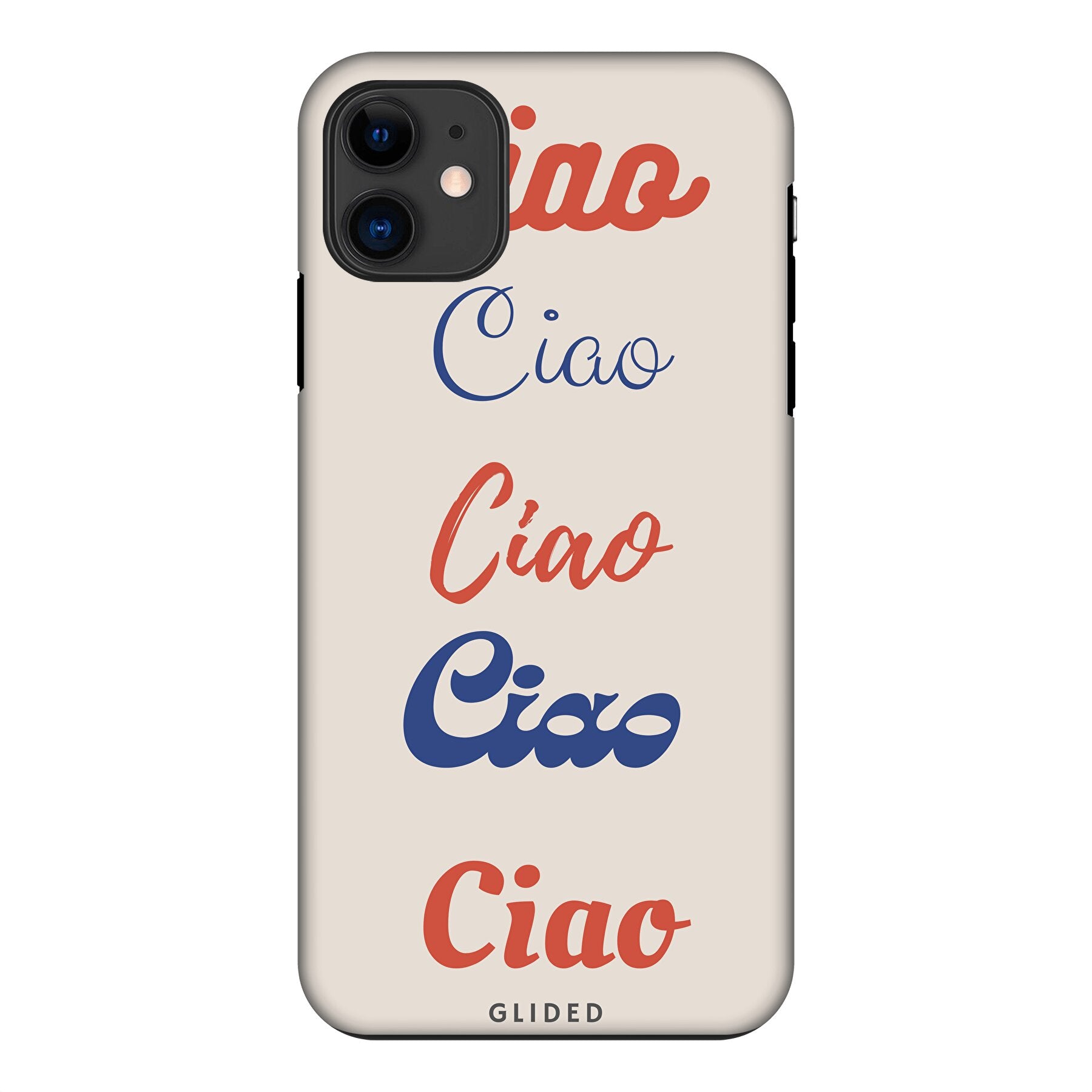 Ciao iPhone 11 Handyhülle mit buntem Design und dem Wort Ciao in verschiedenen Schriftarten.