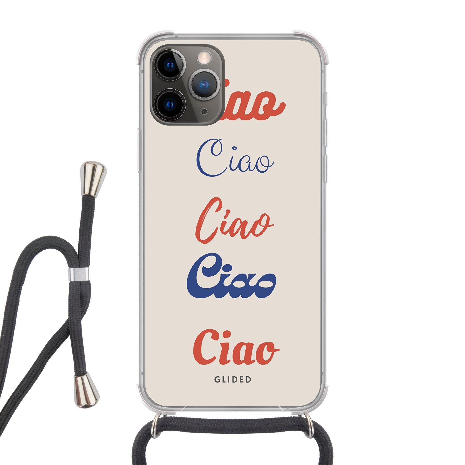 Ciao iPhone 11 Pro Handyhülle mit buntem Design und dem Wort Ciao in verschiedenen Schriftarten.