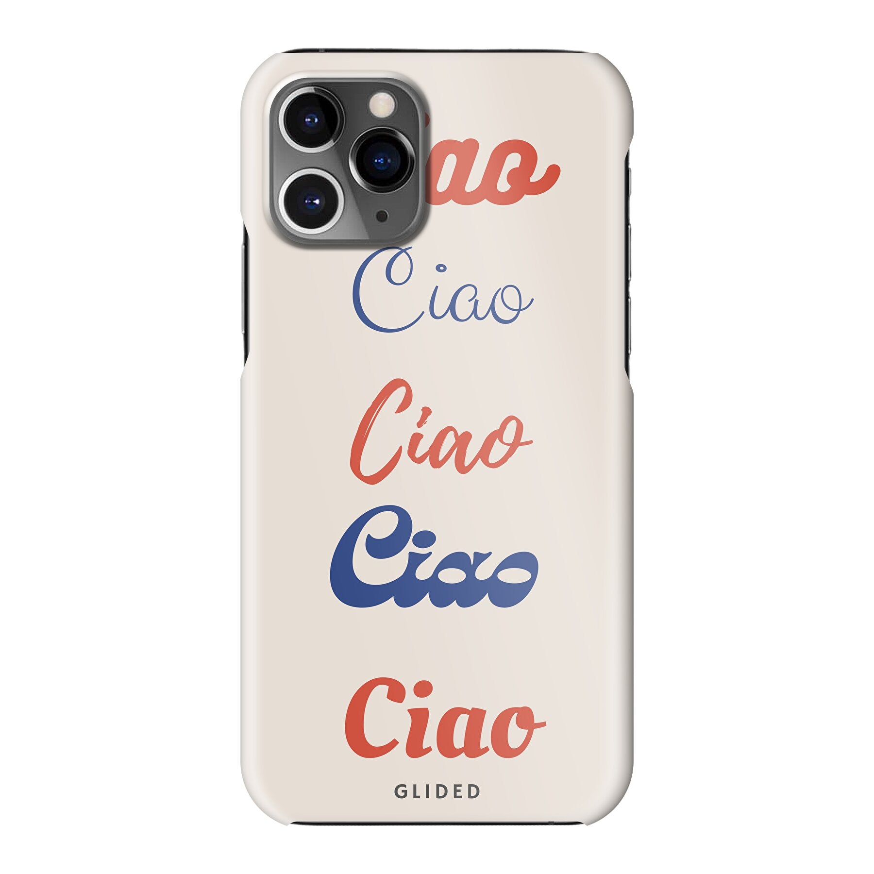 Ciao iPhone 11 Pro Handyhülle mit buntem Design und dem Wort Ciao in verschiedenen Schriftarten.