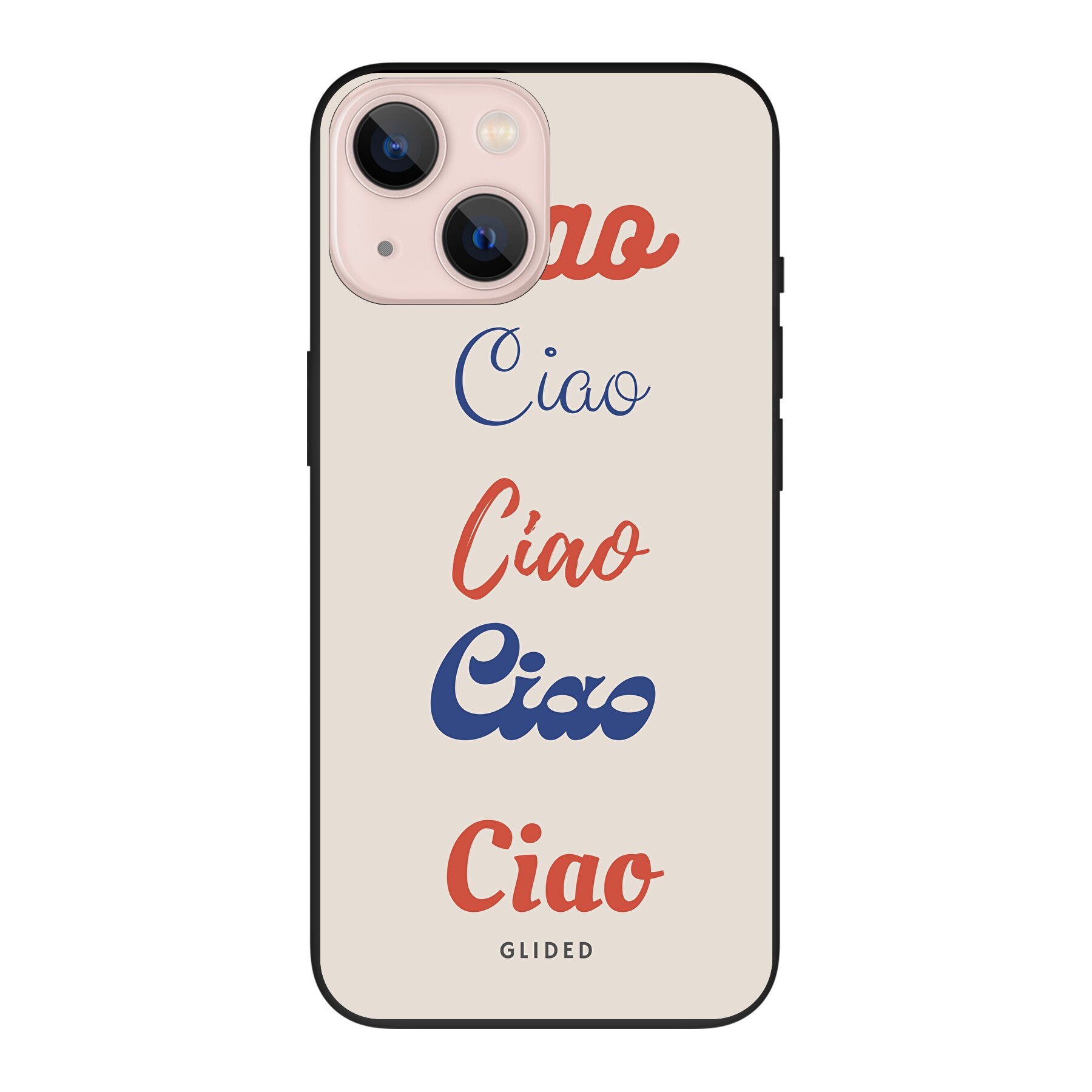 Ciao iPhone 13 mini Handyhülle mit buntem Design und dem Wort Ciao in verschiedenen Schriftarten.