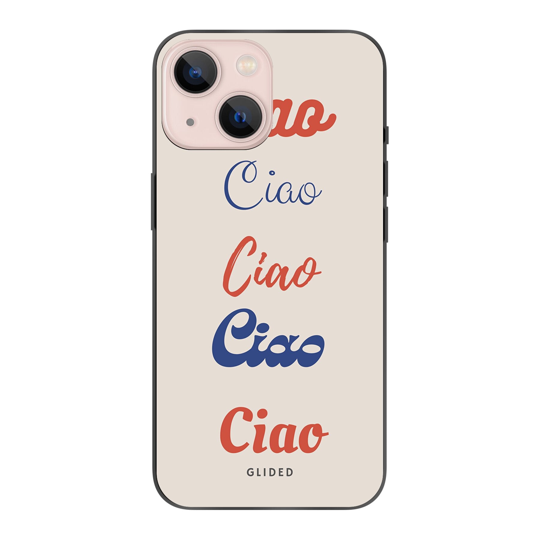 Ciao iPhone 13 mini Handyhülle mit buntem Design und dem Wort Ciao in verschiedenen Schriftarten.