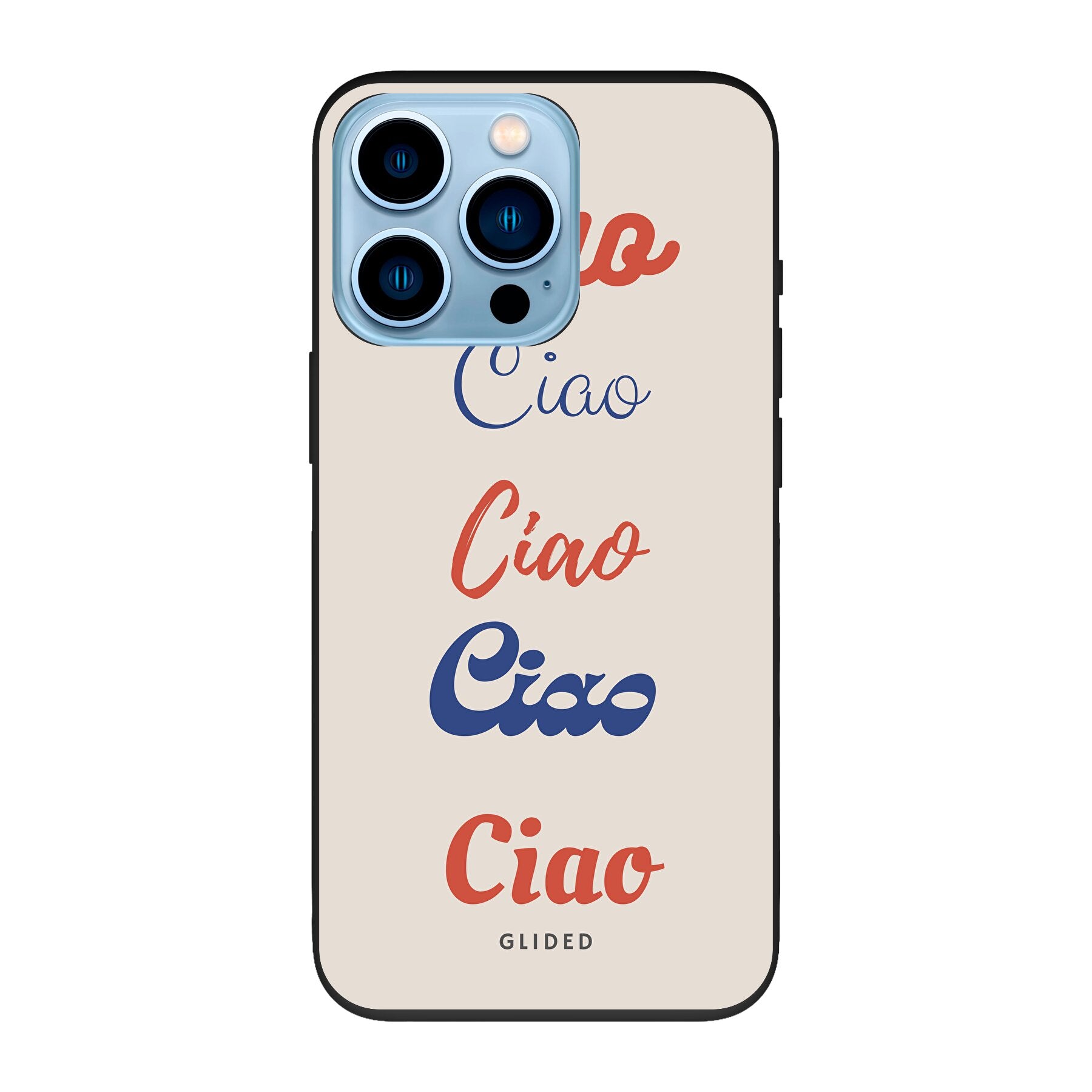 Ciao iPhone 13 Pro Handyhülle mit buntem Design und dem Wort Ciao in verschiedenen Schriftarten.