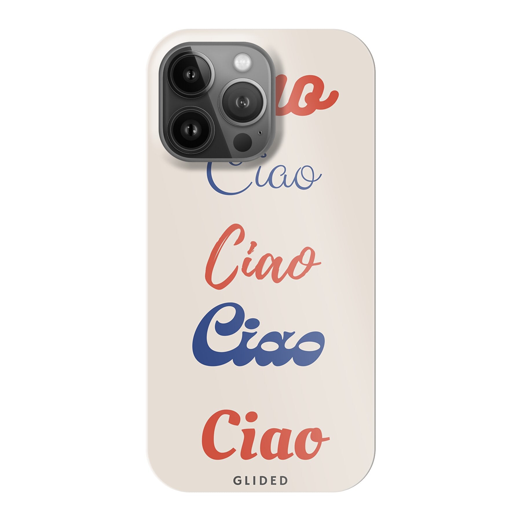 Ciao iPhone 13 Pro Handyhülle mit buntem Design und dem Wort Ciao in verschiedenen Schriftarten.