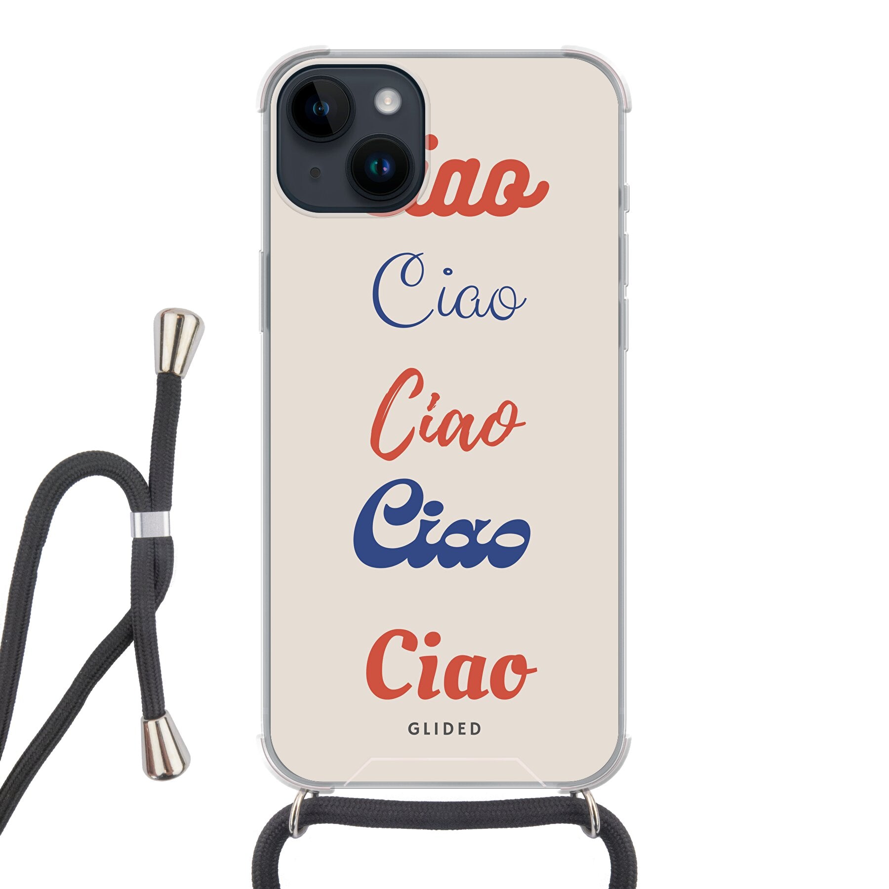 Ciao iPhone 14 Plus Handyhülle mit buntem Design und wiederholtem Schriftzug 'Ciao' in verschiedenen Schriftarten.