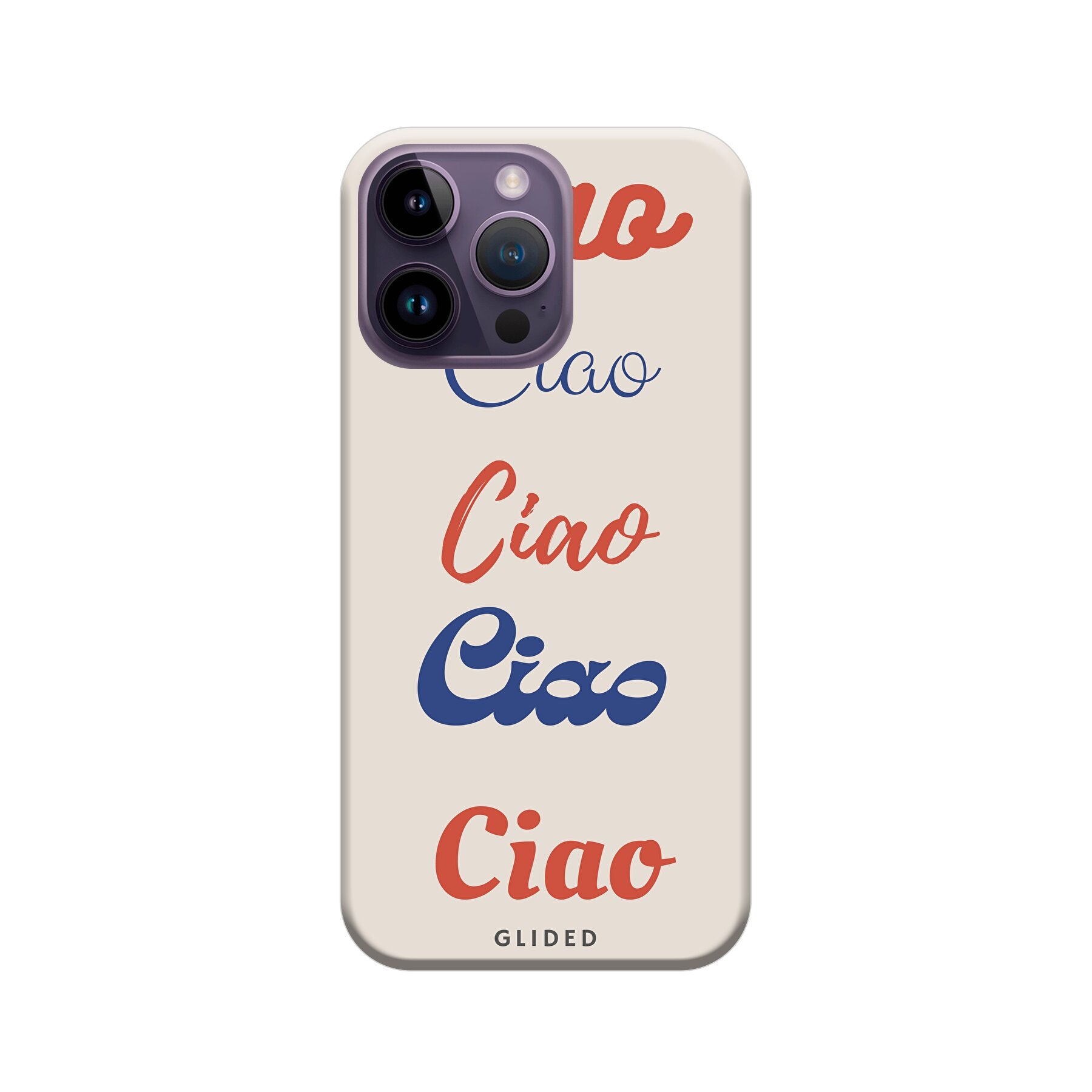 Ciao iPhone 14 Pro Max Handyhülle mit buntem Design und dem Wort 'Ciao' in verschiedenen Schriftarten.