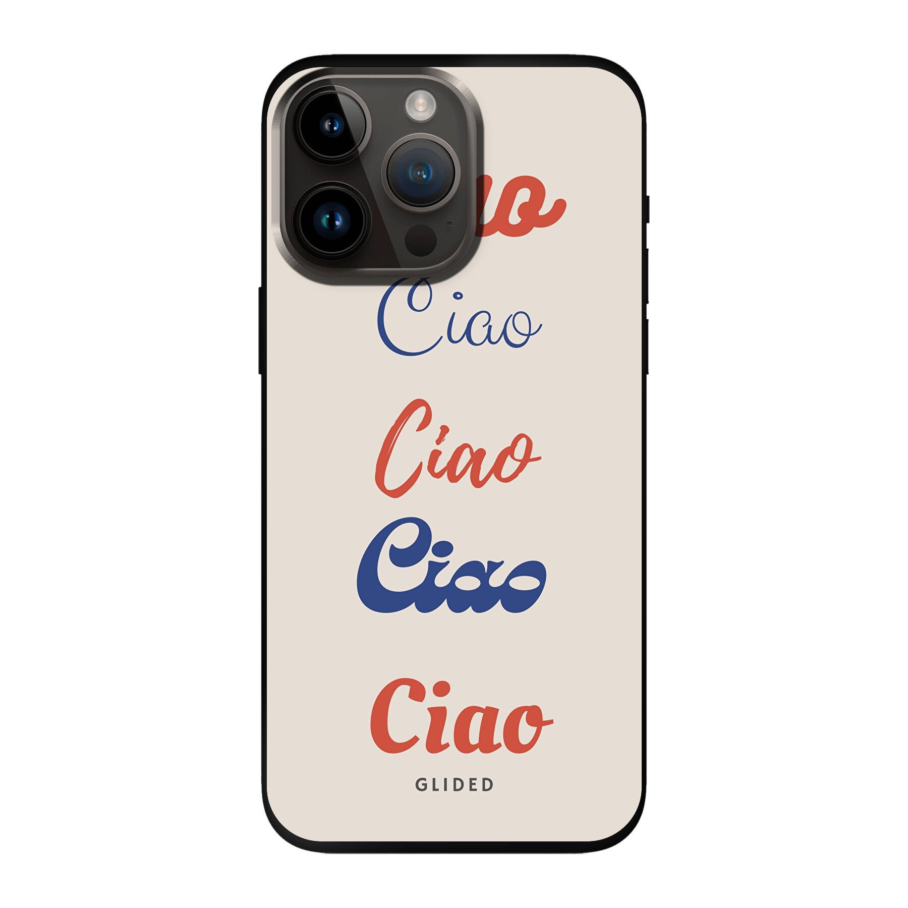 Ciao iPhone 14 Pro Max Handyhülle mit buntem Design und dem Wort 'Ciao' in verschiedenen Schriftarten.