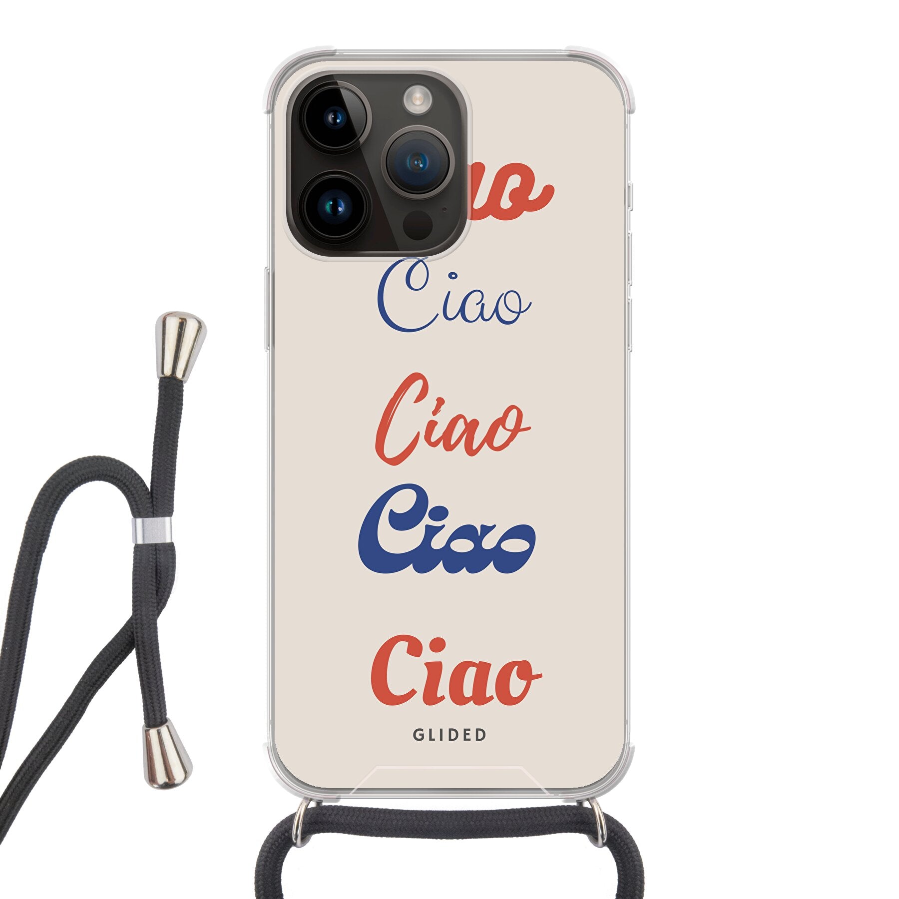 Ciao iPhone 14 Pro Max Handyhülle mit buntem Design und dem Wort 'Ciao' in verschiedenen Schriftarten.