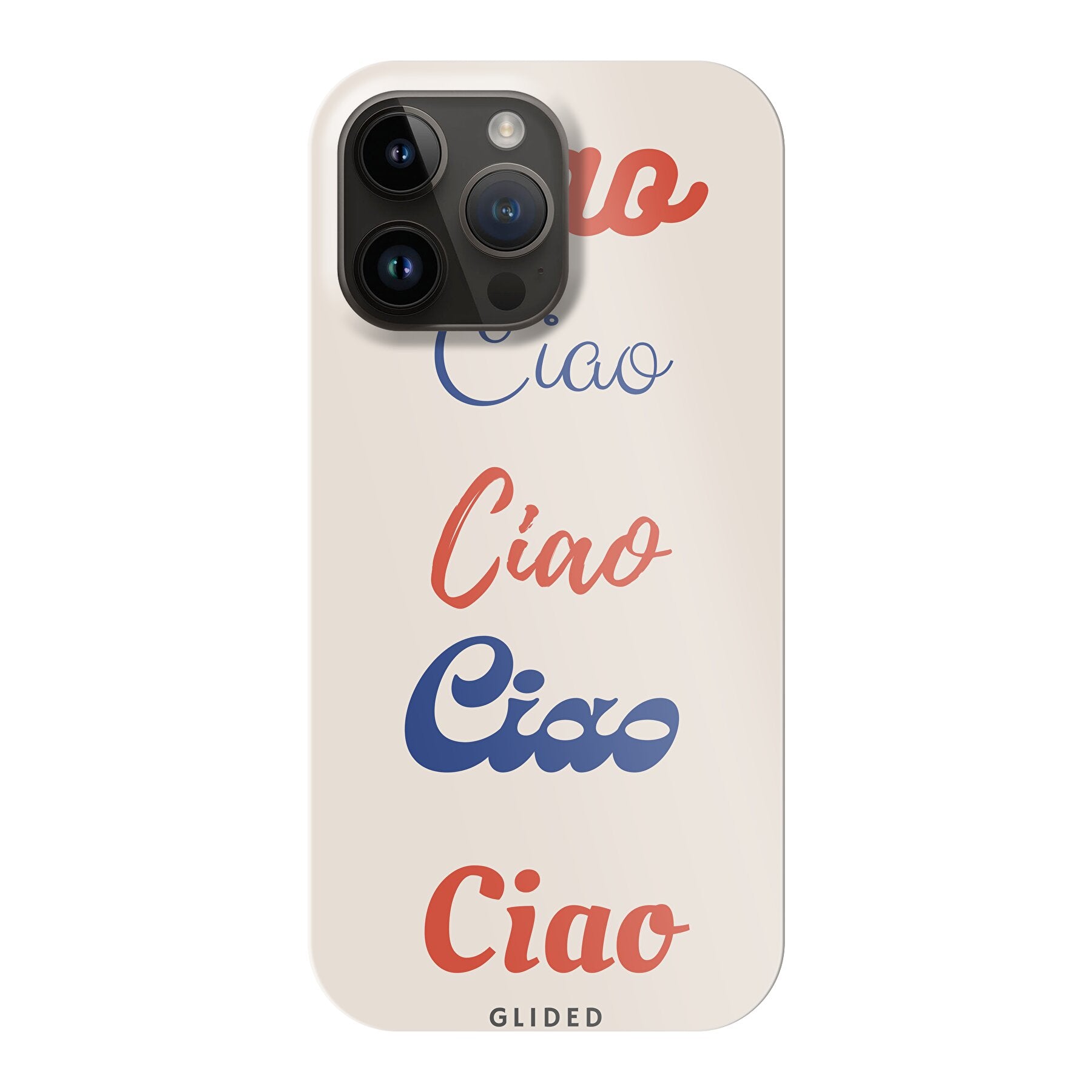 Ciao iPhone 14 Pro Max Handyhülle mit buntem Design und dem Wort 'Ciao' in verschiedenen Schriftarten.