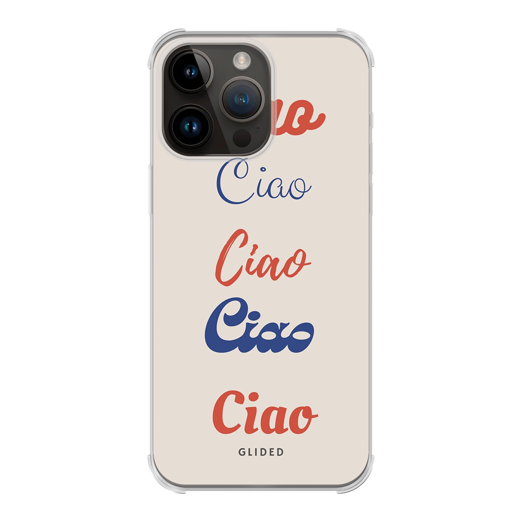 Ciao iPhone 14 Pro Max Handyhülle mit buntem Design und dem Wort 'Ciao' in verschiedenen Schriftarten.