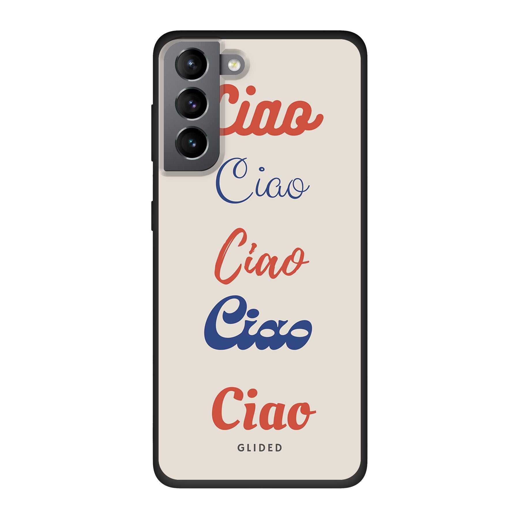 Ciao Samsung Galaxy S10 Handyhülle mit buntem Design und dem Wort 'Ciao' in verschiedenen Schriftarten.