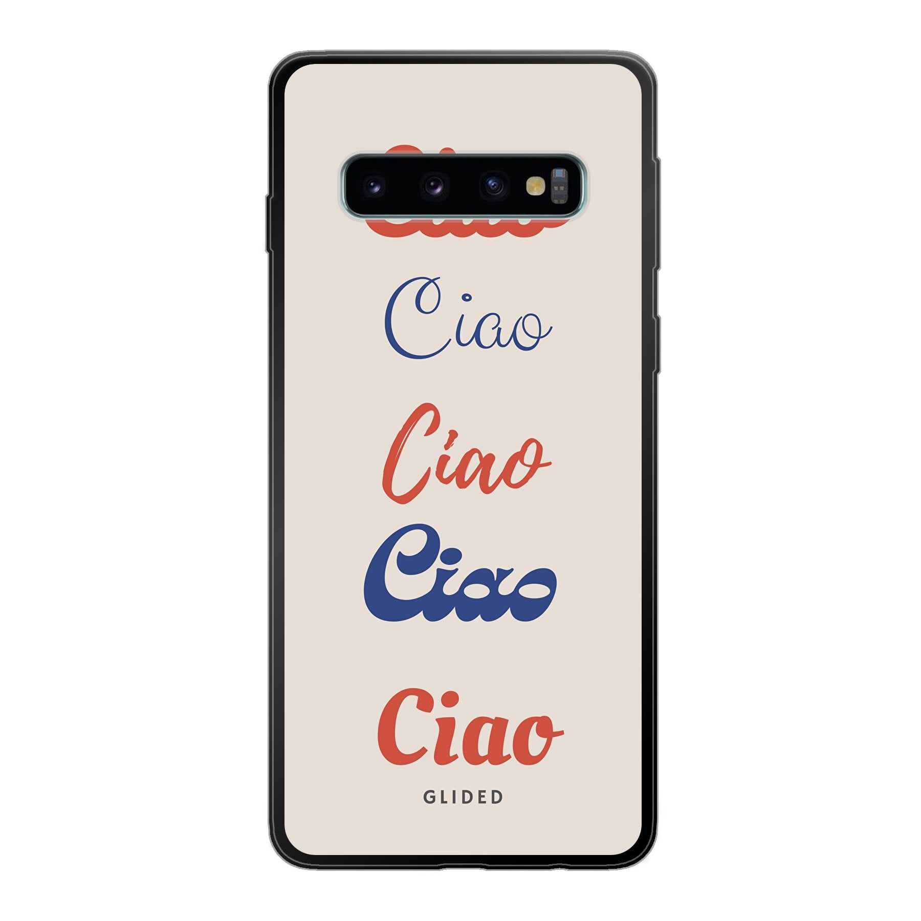 Ciao Samsung Galaxy S10 Handyhülle mit buntem Design und dem Wort 'Ciao' in verschiedenen Schriftarten.