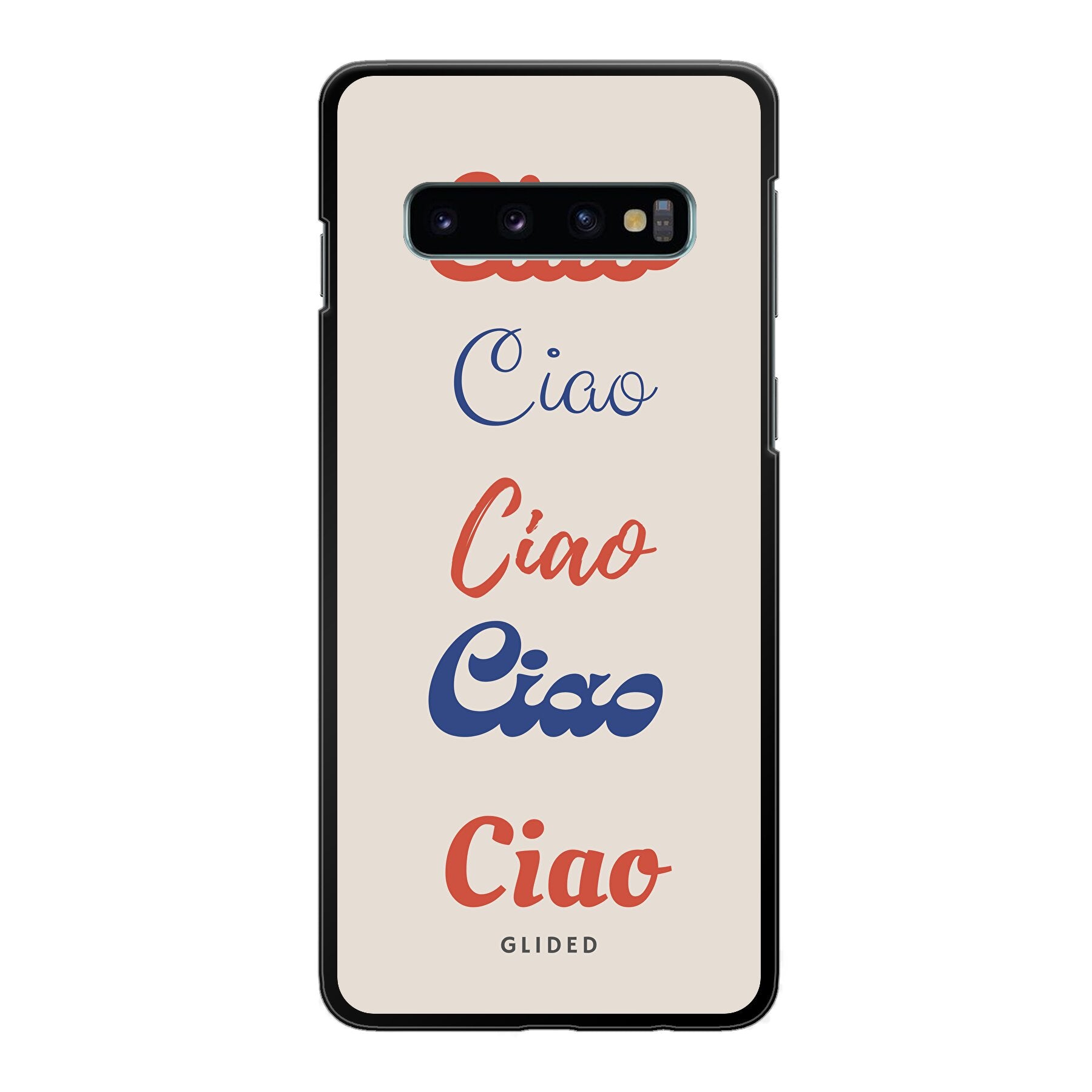 Ciao Samsung Galaxy S10 Handyhülle mit buntem Design und dem Wort 'Ciao' in verschiedenen Schriftarten.