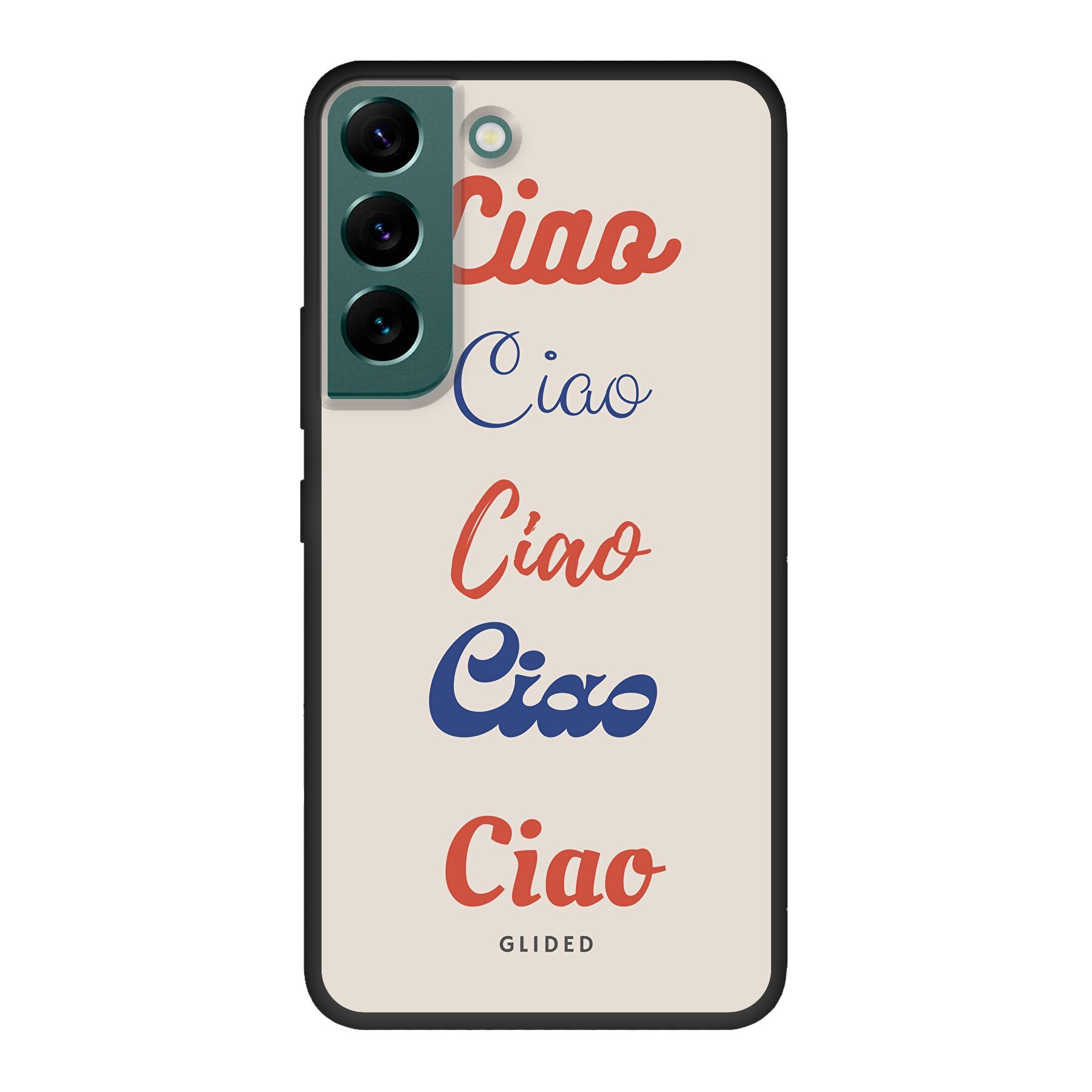 Ciao Samsung Galaxy S22 Handyhülle mit buntem Design und dem Wort 'Ciao' in verschiedenen Schriftarten.
