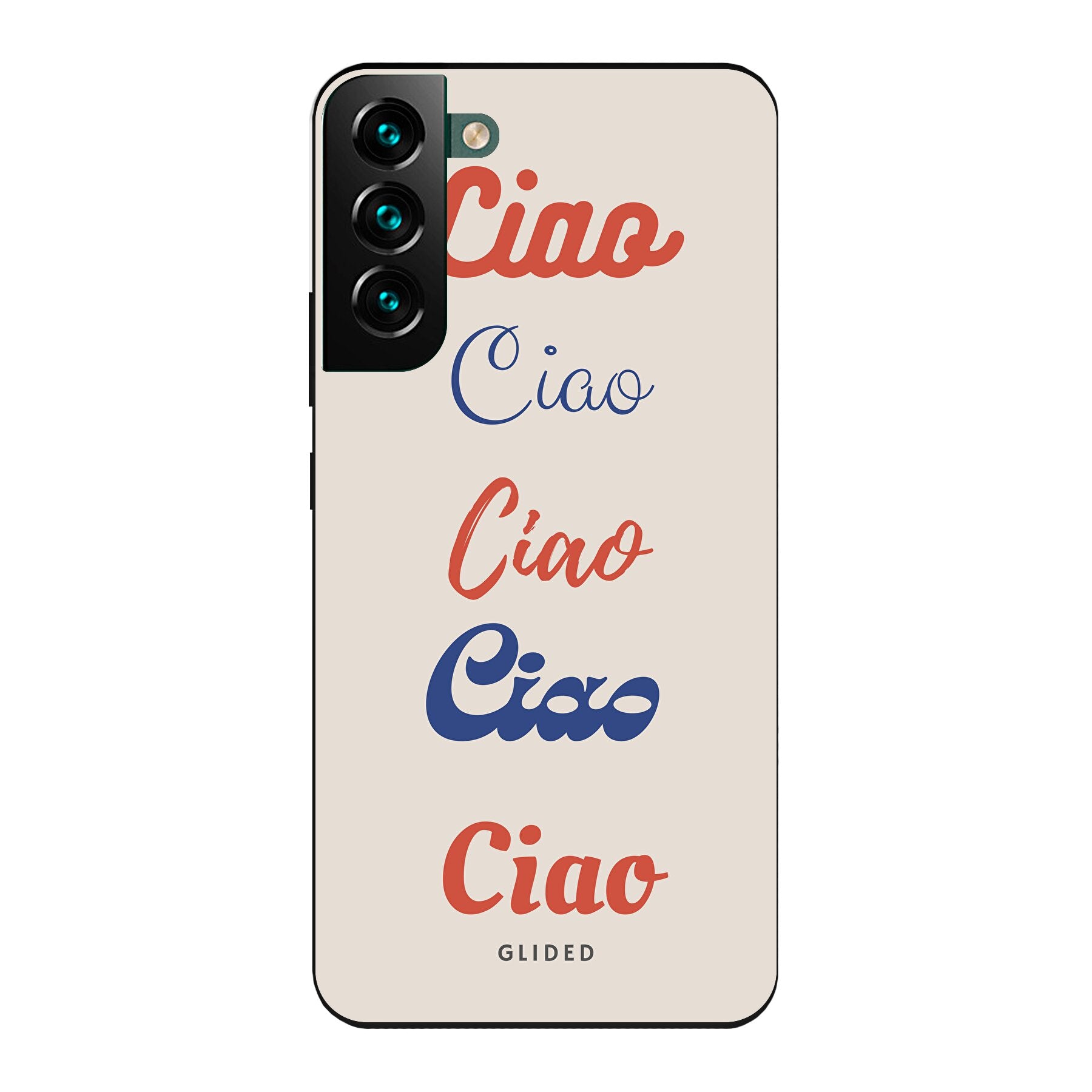Ciao Handyhülle für Samsung Galaxy S22 Plus mit buntem Design und dem Wort 'Ciao' in verschiedenen Schriftarten.