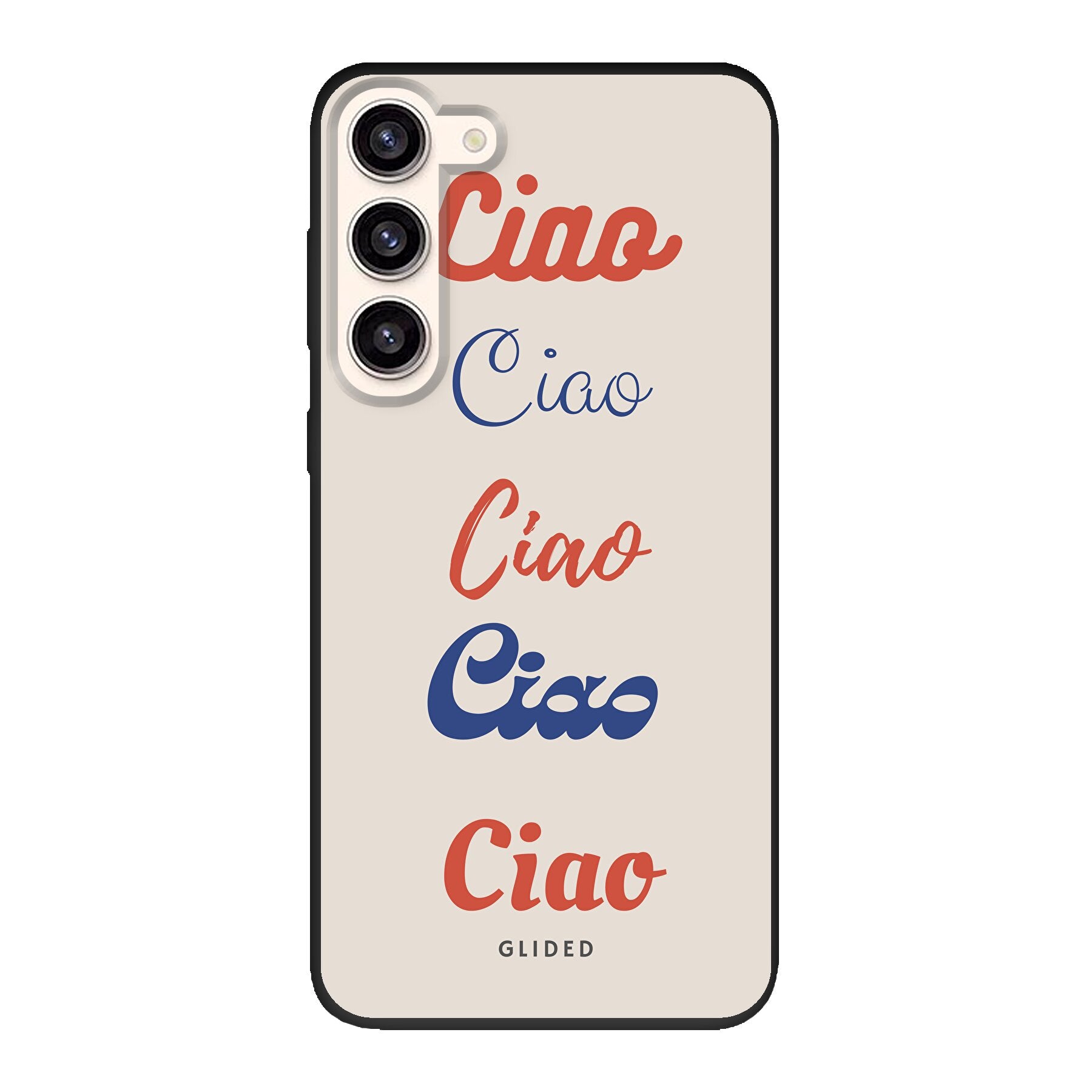 Ciao Handyhülle für Samsung Galaxy S23 Plus mit buntem Design und wiederholtem Schriftzug 'Ciao'.