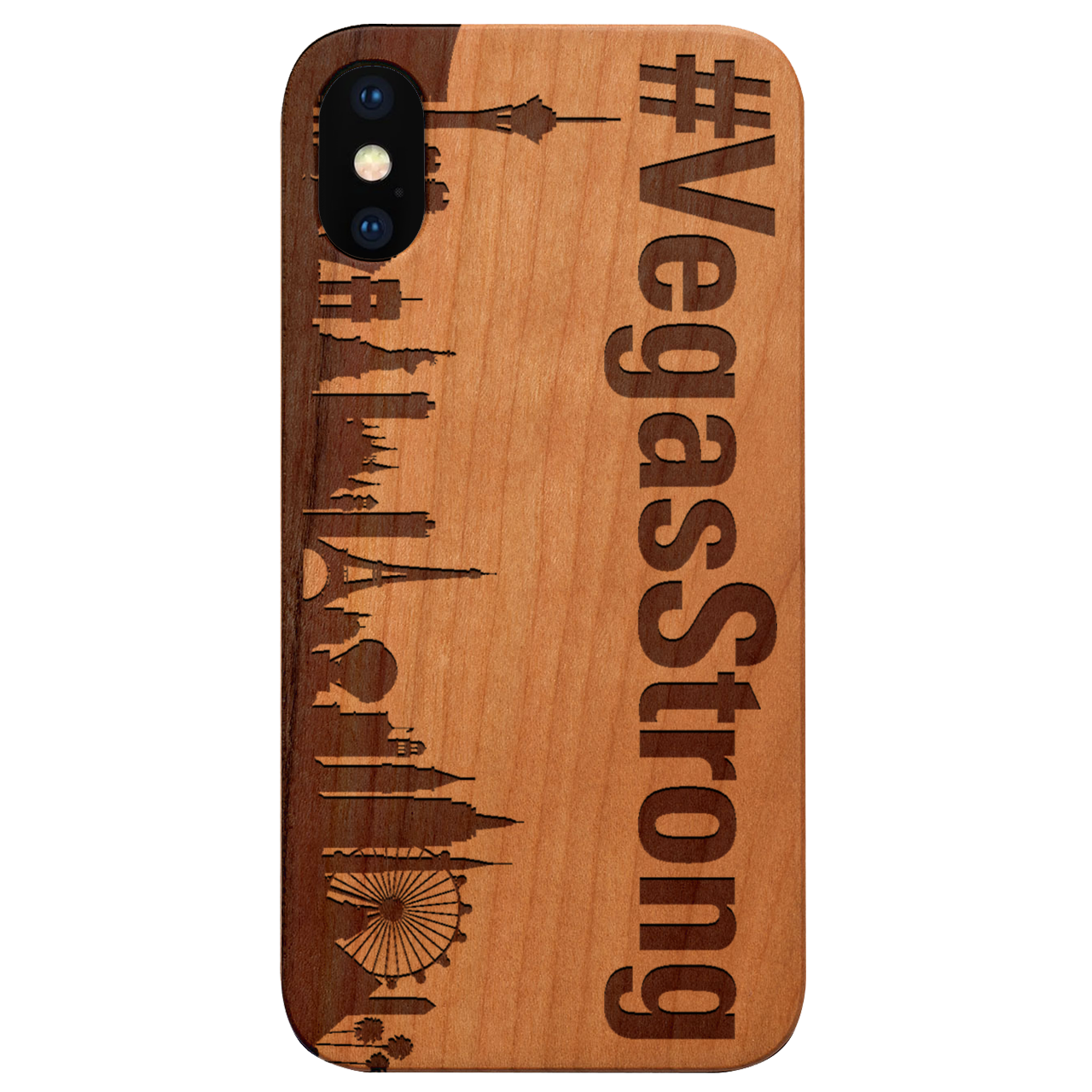 City Vegas 2 - Engraved wooden phone case showcasing intricate laser engravings and natural wood finish.