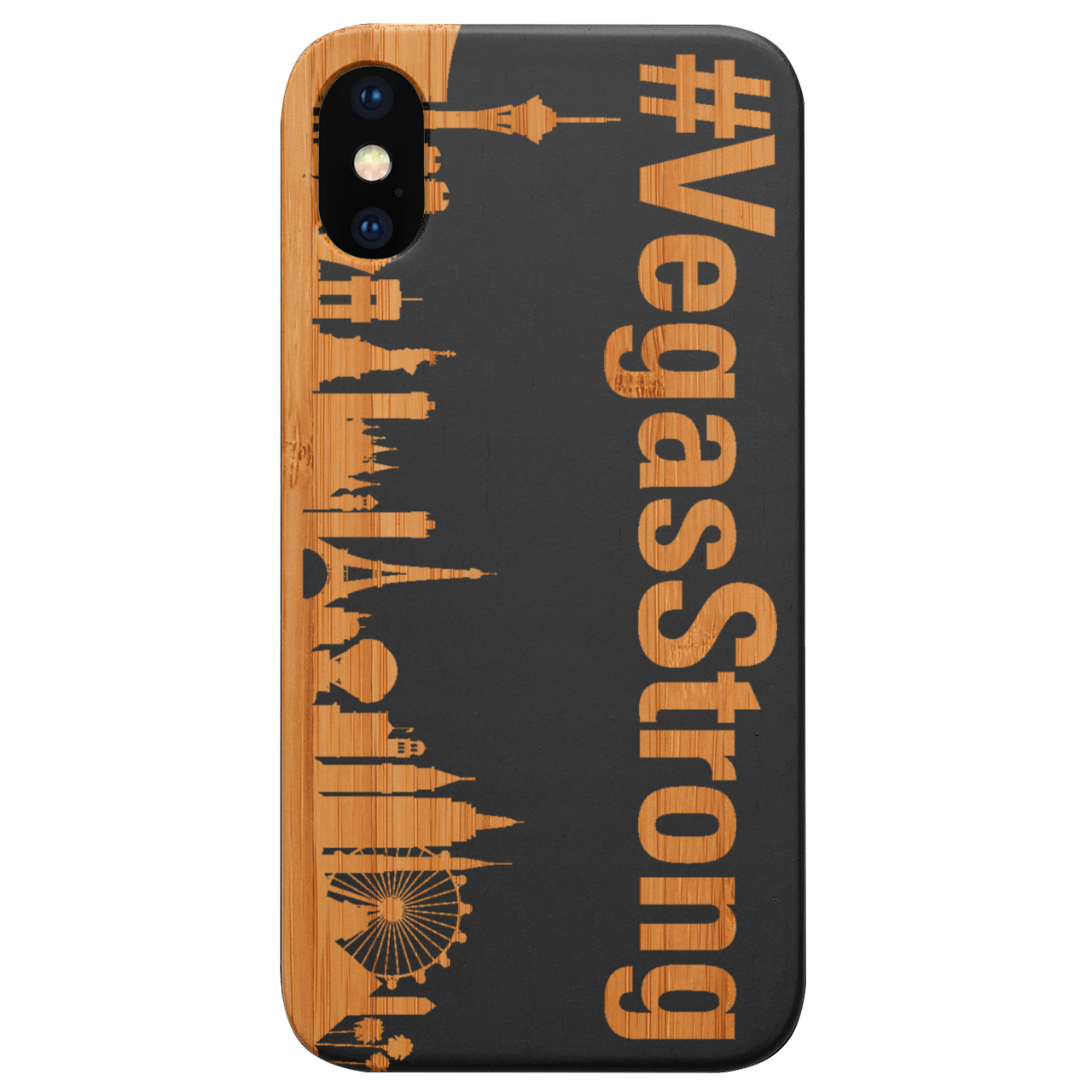 City Vegas 2 - Engraved wooden phone case showcasing intricate laser engravings and natural wood finish.