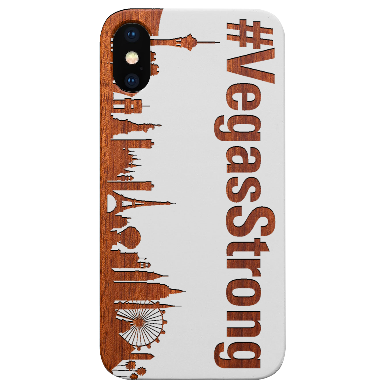 City Vegas 2 - Engraved wooden phone case showcasing intricate laser engravings and natural wood finish.