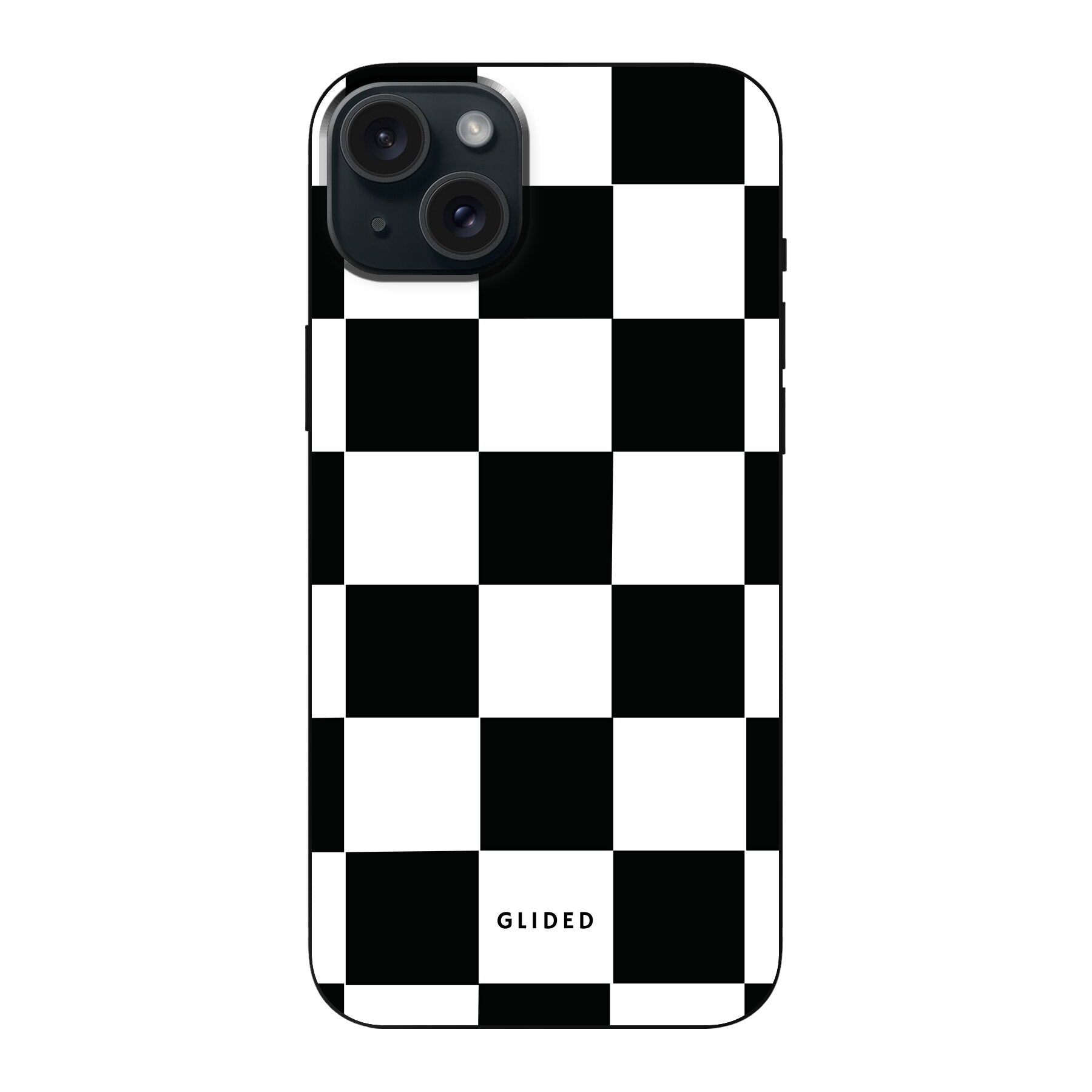 Elegante Classic Chess iPhone 15 Plus Hülle mit traditionellem Schachbrettmuster, bietet stilvollen Schutz und Funktionalität.