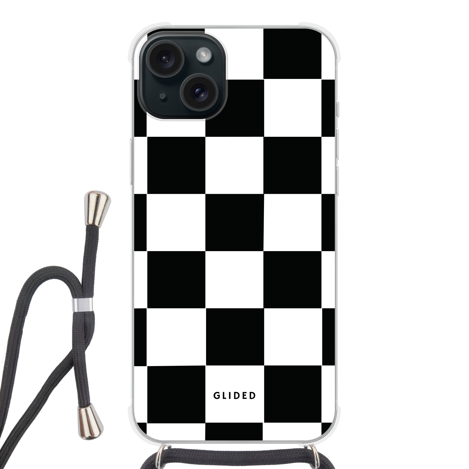 Elegante Classic Chess iPhone 15 Plus Hülle mit traditionellem Schachbrettmuster, bietet stilvollen Schutz und Funktionalität.