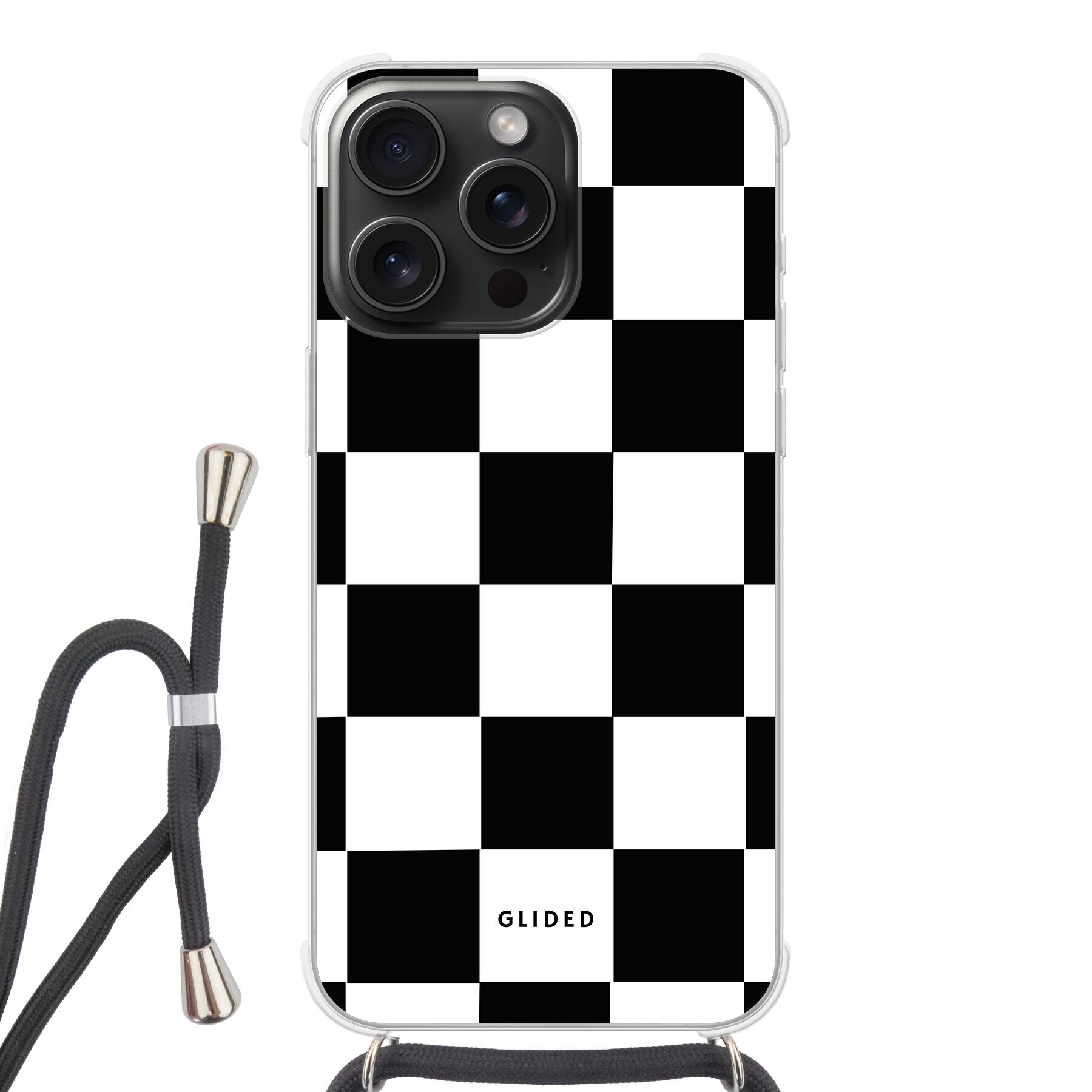 Elegante Classic Chess iPhone 15 Pro Max Hülle mit traditionellem Schachbrettmuster, bietet stilvollen Schutz und zeitlose Raffinesse.