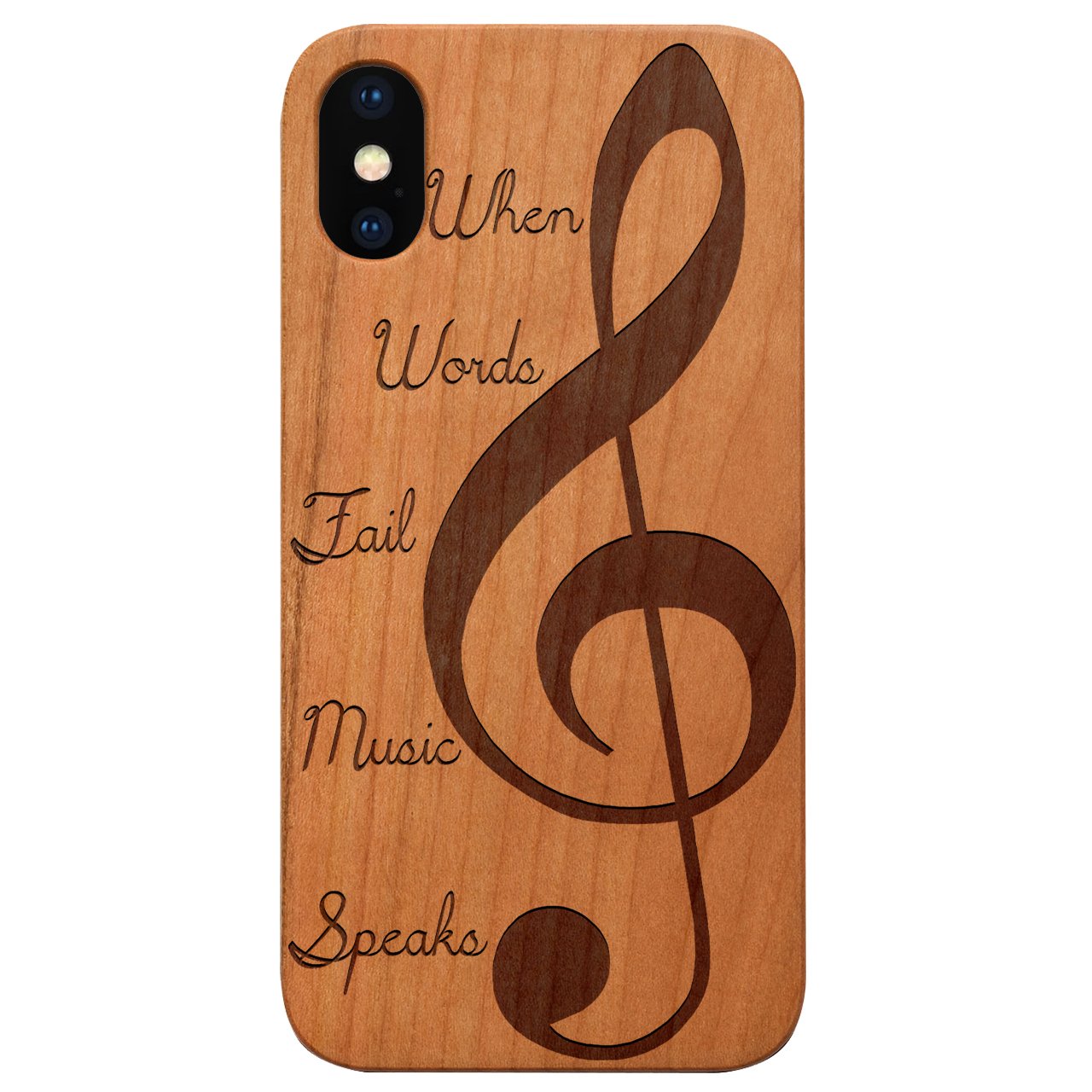 Clef 2 - Engraved wooden phone case showcasing unique laser-engraved design and natural wood finish.