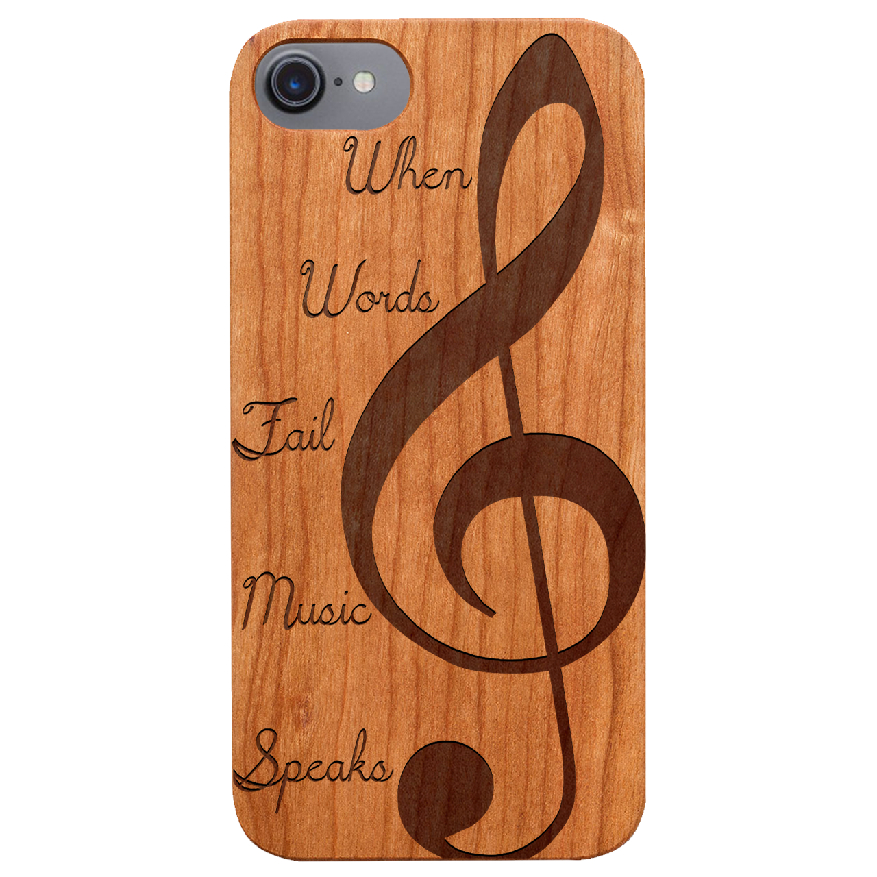 Clef 2 - Engraved wooden phone case showcasing unique laser-engraved design and natural wood finish.
