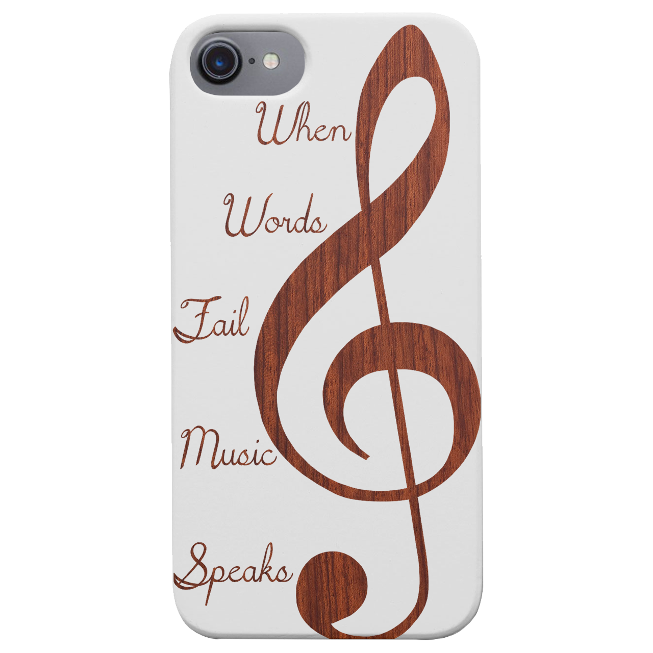 Clef 2 - Engraved wooden phone case showcasing unique laser-engraved design and natural wood finish.