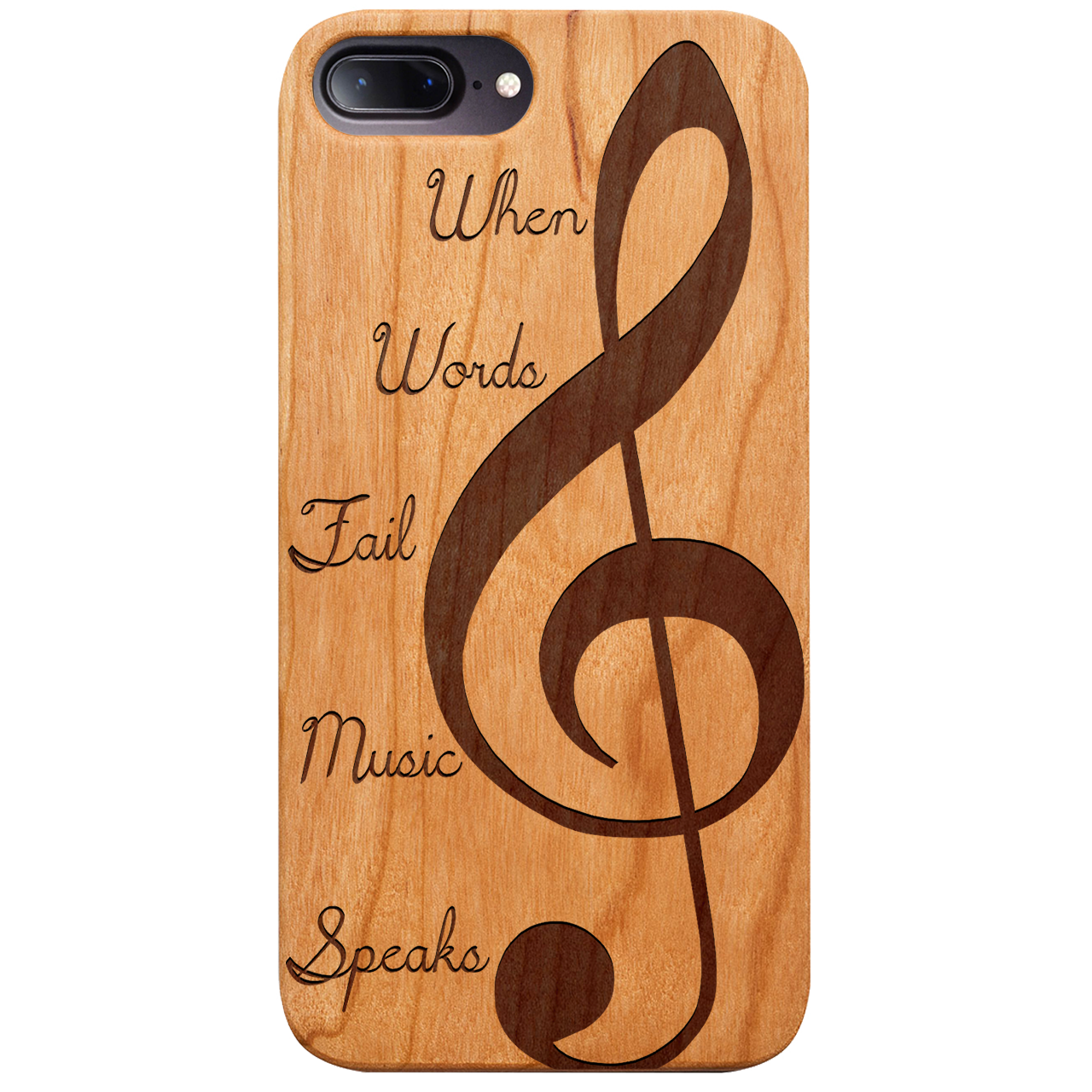 Clef 2 - Engraved wooden phone case showcasing unique laser-engraved design and natural wood finish.