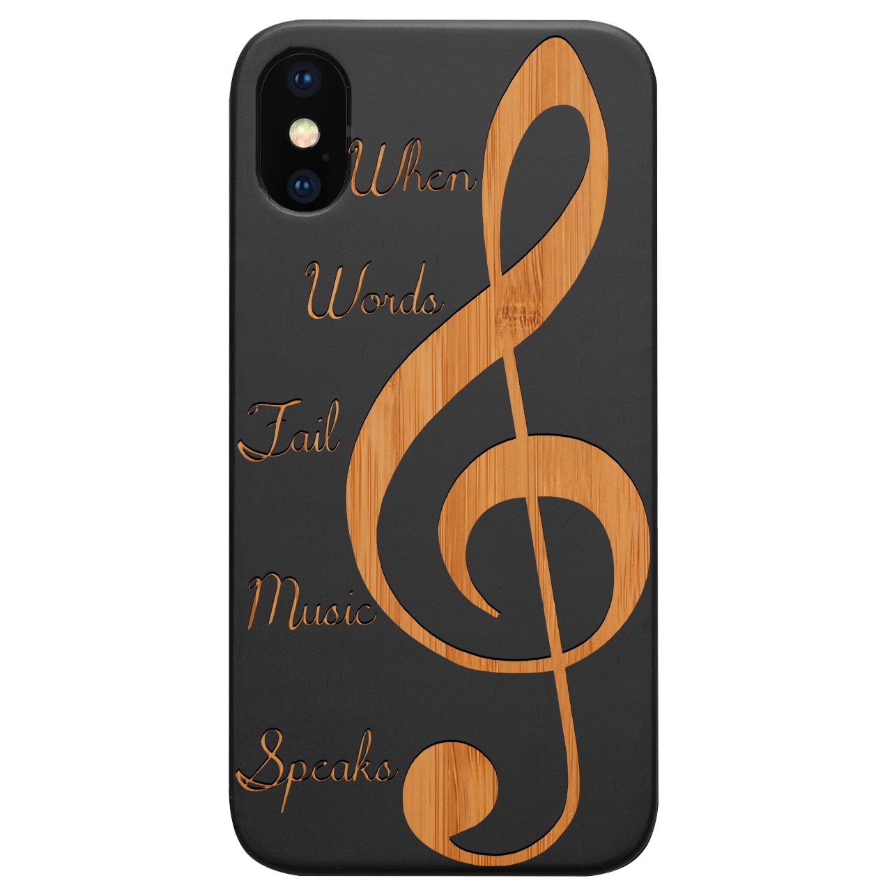 Clef 2 - Engraved wooden phone case showcasing unique laser-engraved design and natural wood finish.