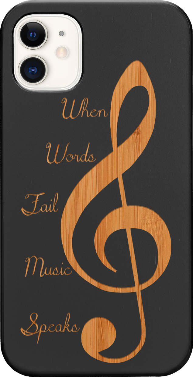 Clef 2 - Engraved wooden phone case showcasing unique laser-engraved design and natural wood finish.