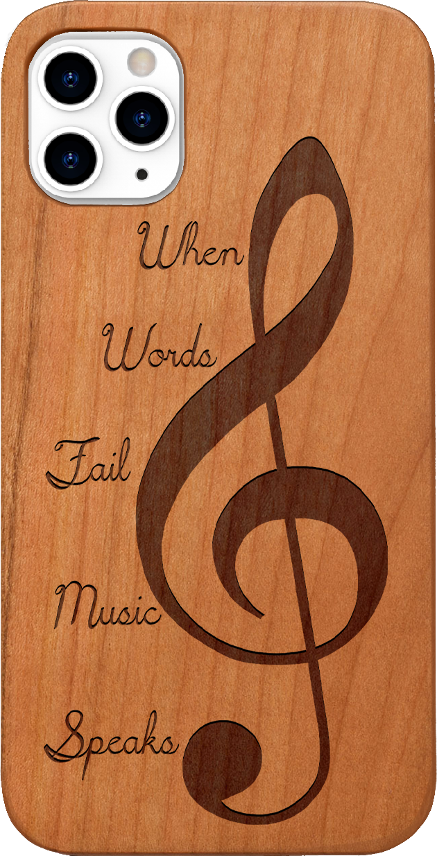 Clef 2 - Engraved wooden phone case showcasing unique laser-engraved design and natural wood finish.