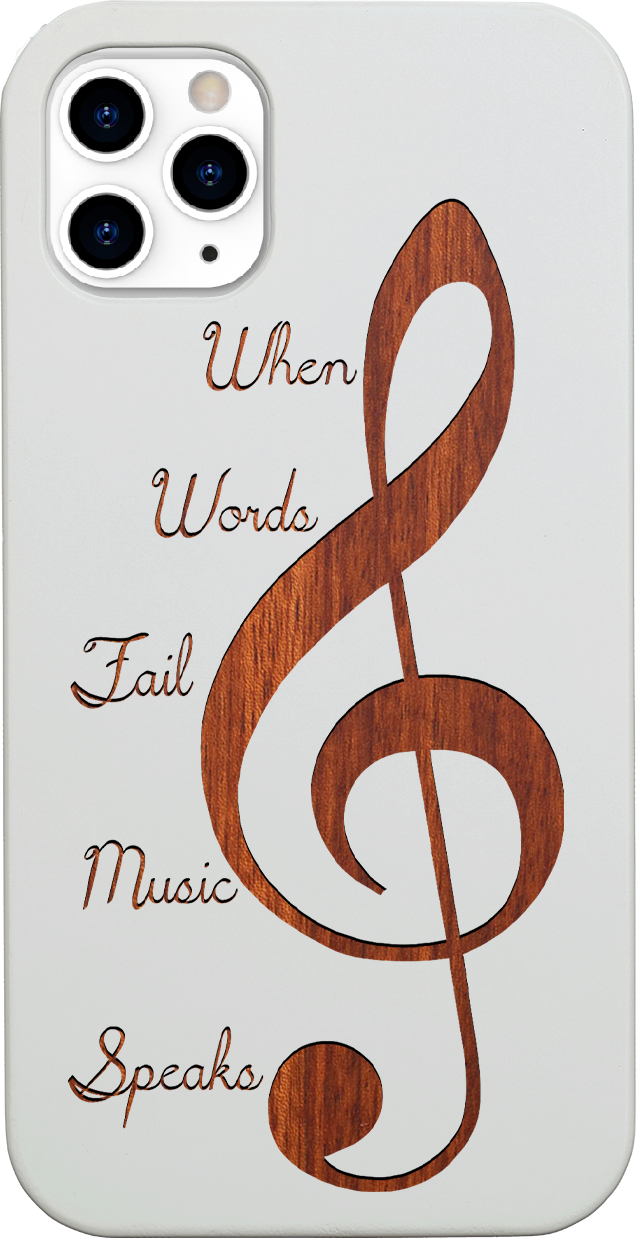 Clef 2 - Engraved wooden phone case showcasing unique laser-engraved design and natural wood finish.