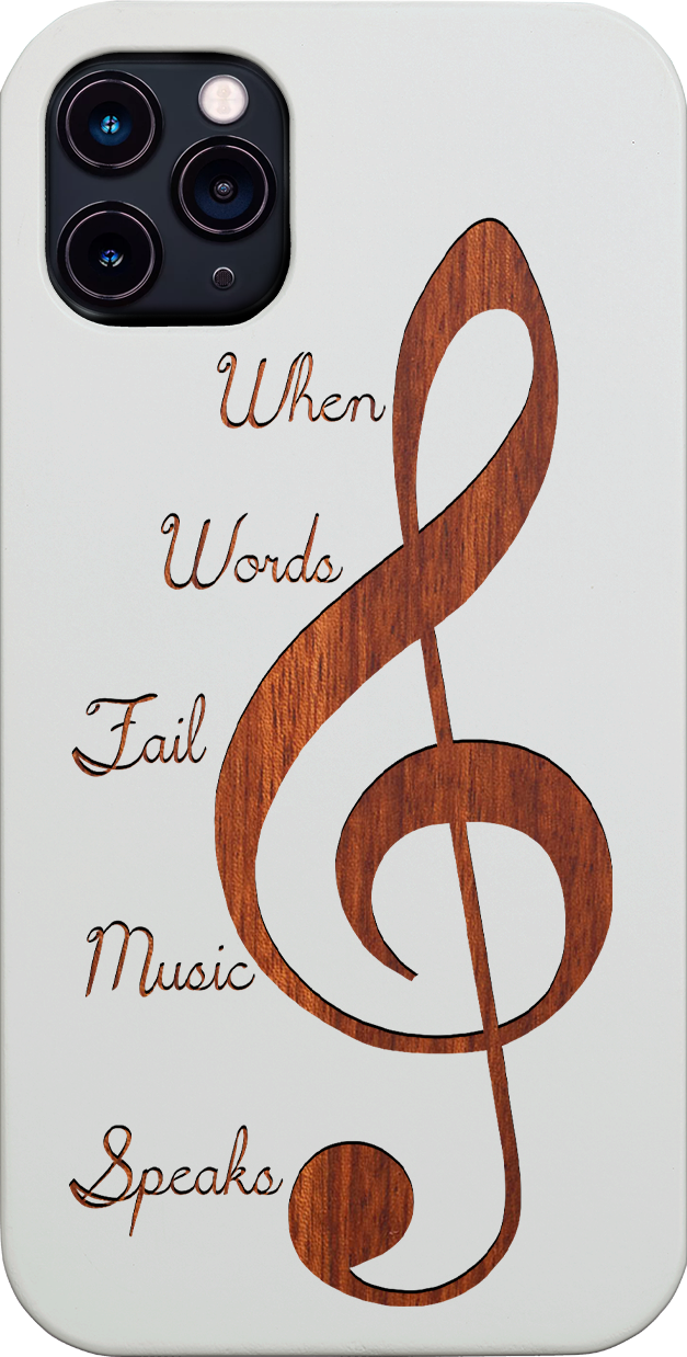 Clef 2 - Engraved wooden phone case showcasing unique laser-engraved design and natural wood finish.