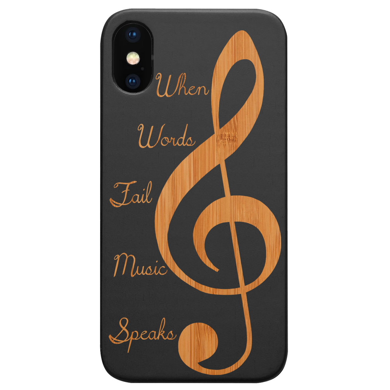 Clef 2 - Engraved wooden phone case showcasing unique laser-engraved design and natural wood finish.